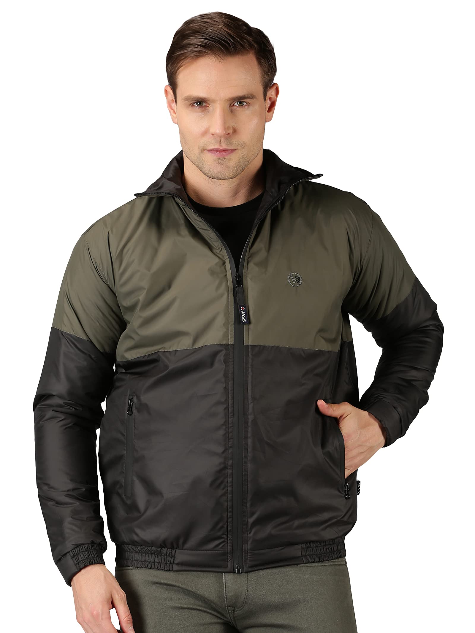 VROJASSFull Sleeve Solid Men Multi Color Bomper Jacket, Black :: Olive, 44