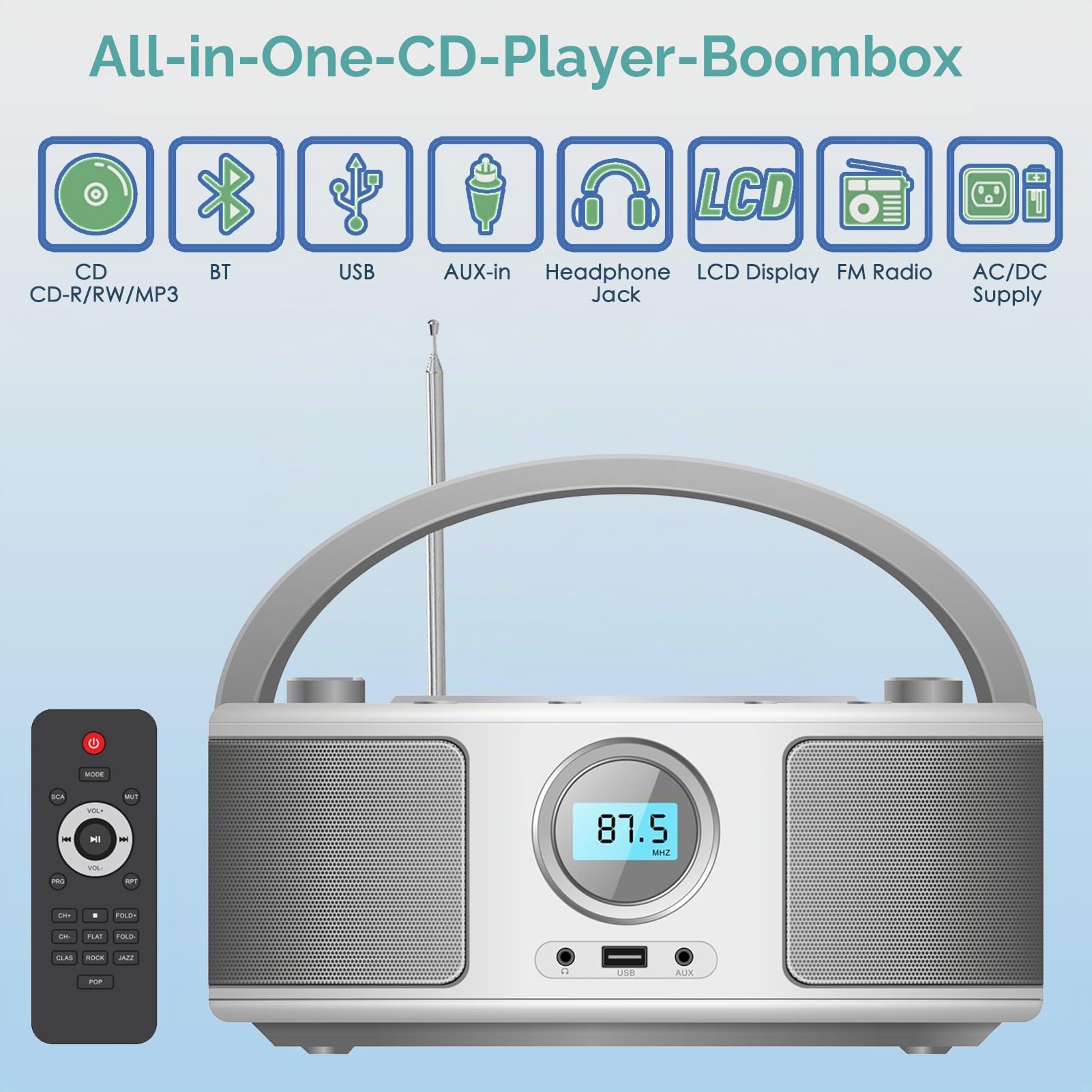 Tragbar CD Radio Boombox mit Bluetooth (CD-Player, Fernsteuerung, Bluetooth, UKW Radio, USB, AUX-In, 2 x 2 Watt RMS),Radio mit CD Player Stereoanlage