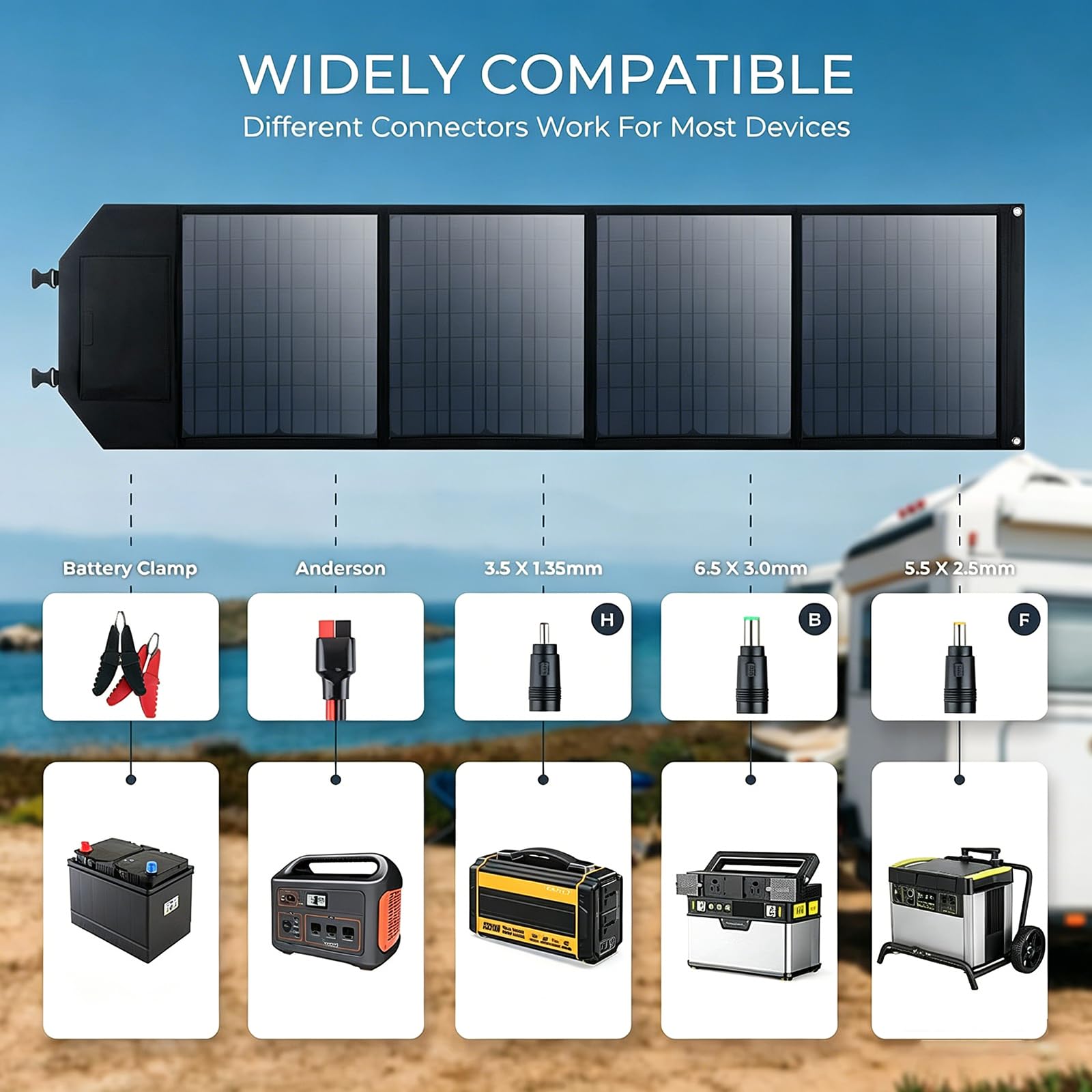 Panneau Solaire Monocristallin 80W, Pliable Et à Haut Rendement, avec Port Usb 5V, Port DC 18V Et Support Fixation, éTanche Est pour Camping-Cars Remorques Et Autres VéHicules Nautiques,Black