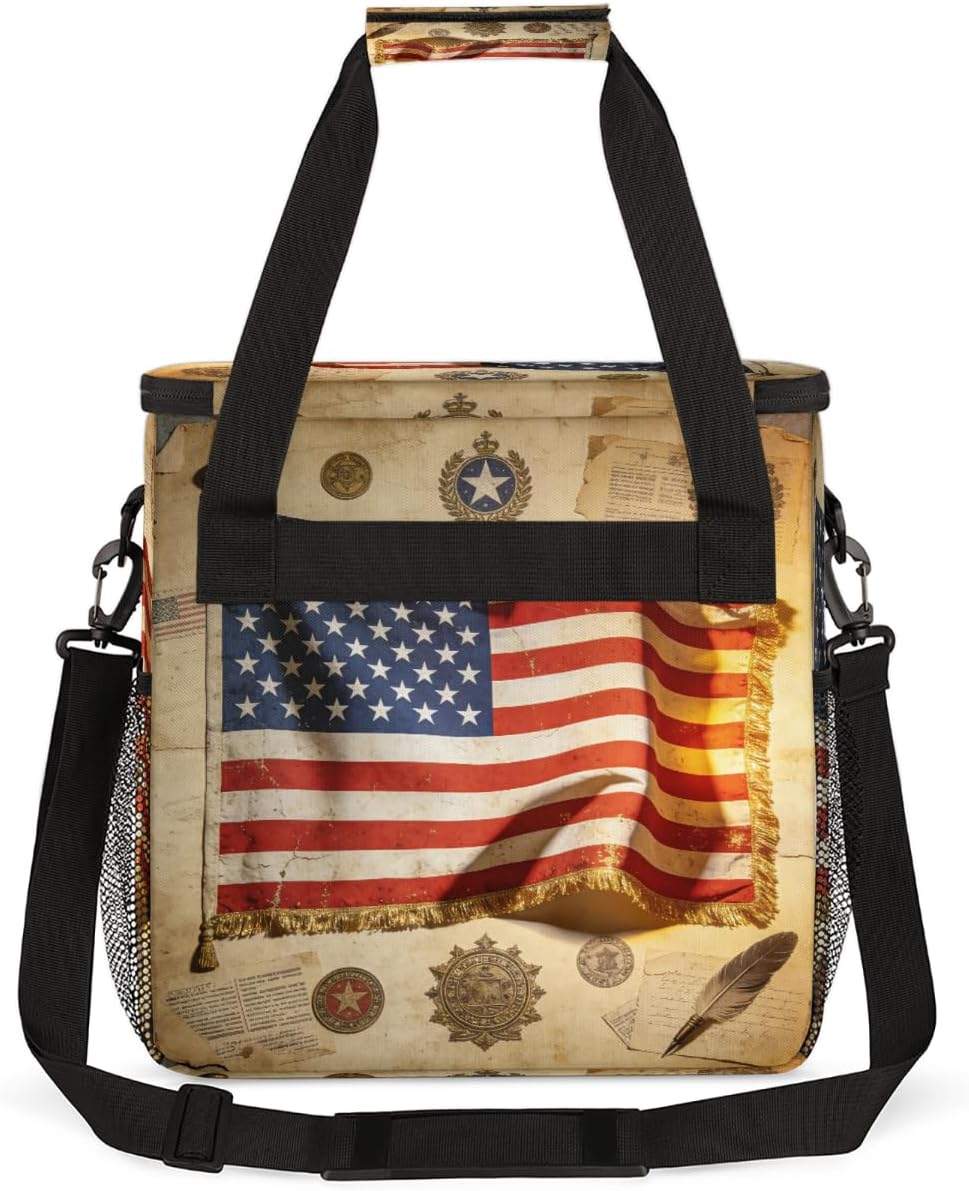 Antique Usa Flag Portable Coffee Maker Carrying Bag Compatible with Keurig K-Mini/K-Mini Plus - Travel Storage Tote with K-Cup Pod Pockets for Single Serve Coffee Brewer