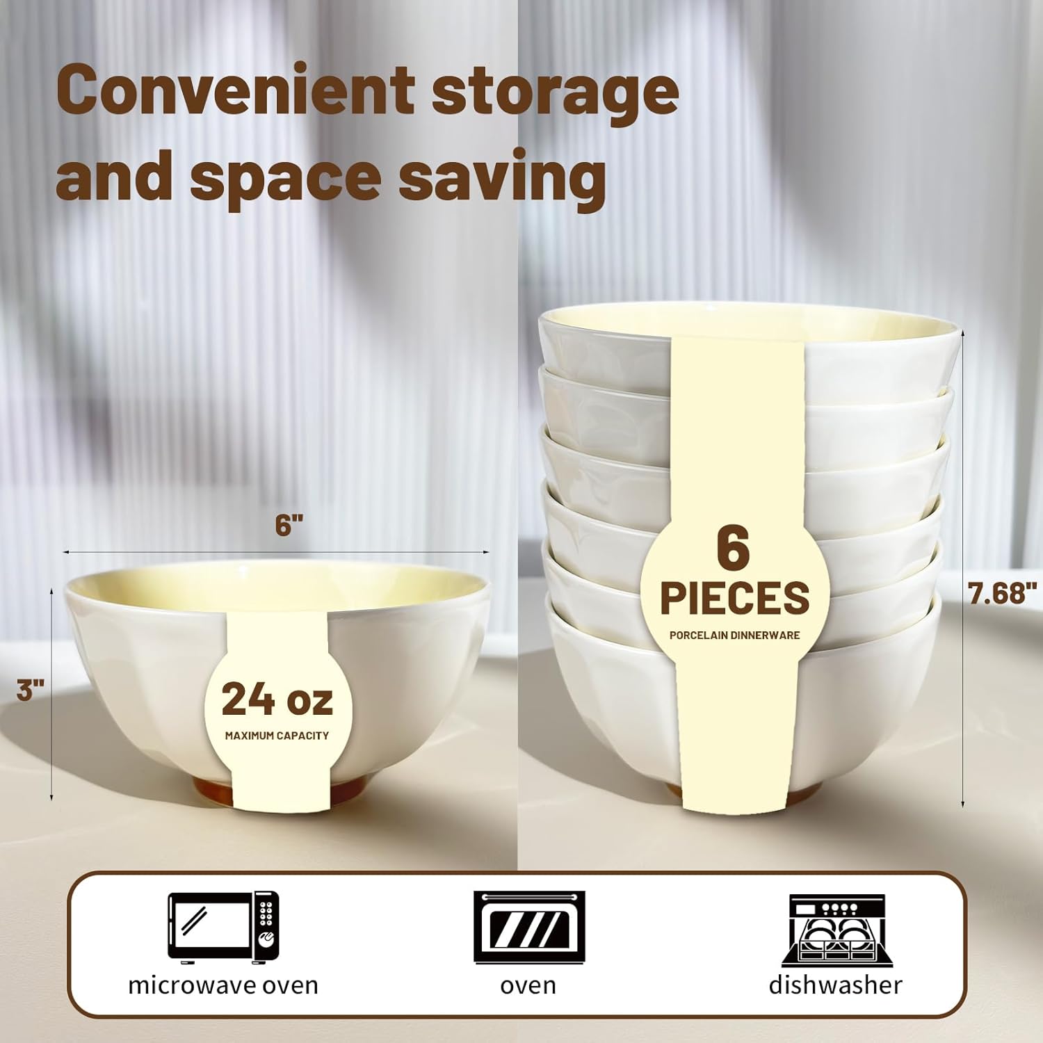 Anveena 24 Oz Porcelain Bowls Set of 6 - Durable for Cereal, Soup, Rice, Pasta, Salad, Oatmeal - Microwave Dishwasher Safe, cream yellow