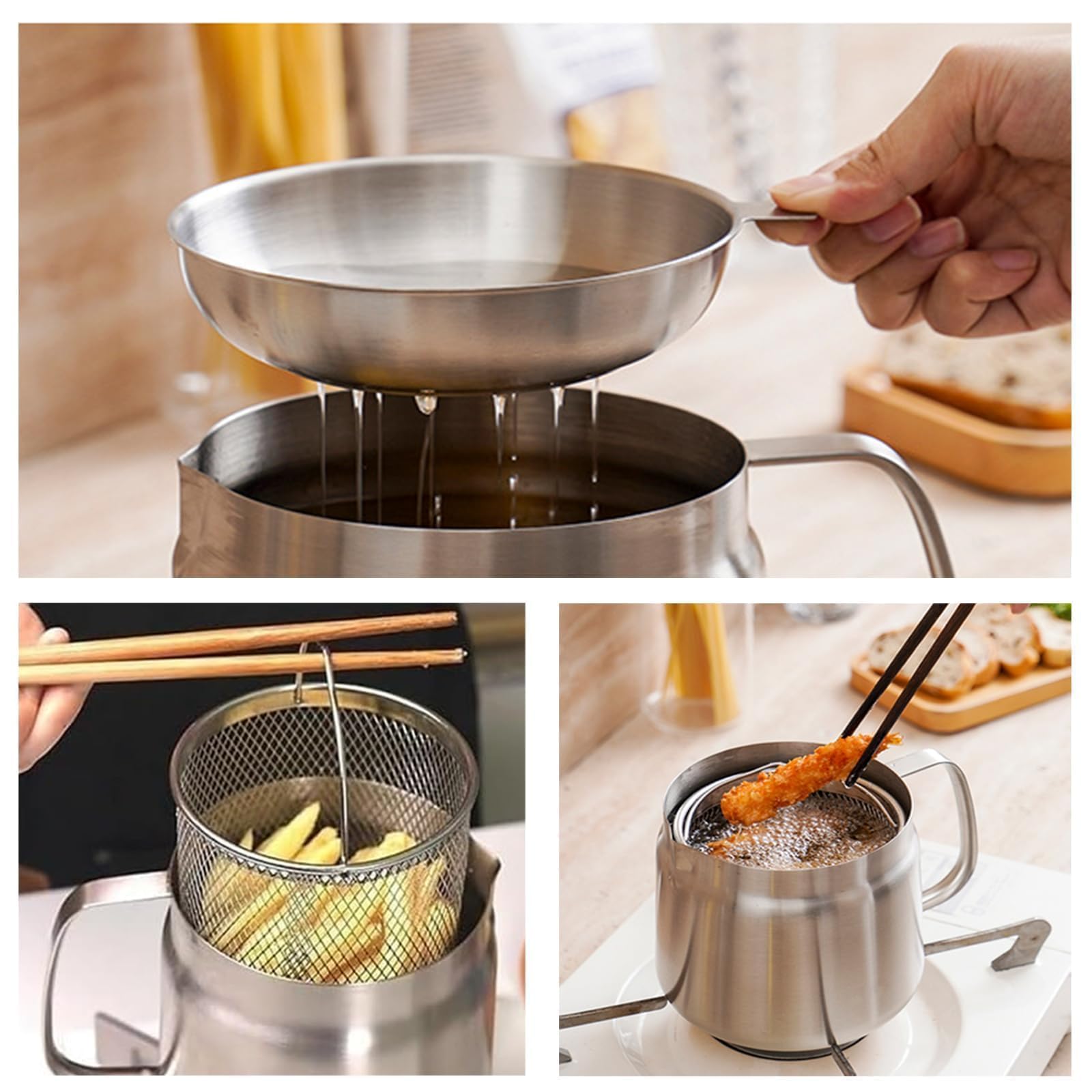 Récipient à Filtrer Huile Inox 304, 2L Grand Volume Polyvalent, Filtre à Huile de Cuisine Avec Couvercle Anti-poussière, avec Panier à Frire, Brosse à Cuisinière, Filtre et Gants
