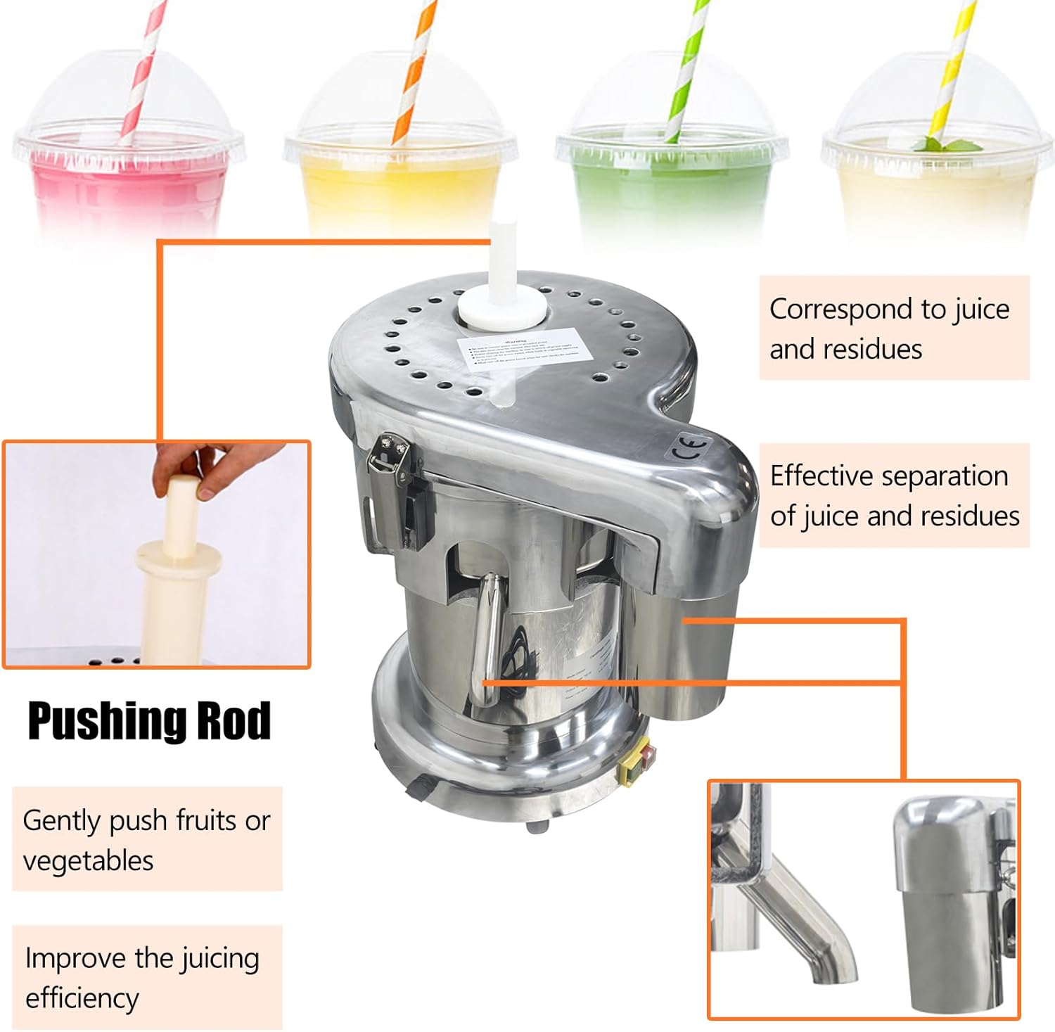 Commercial Juice Extractor 110V Centrifugal Juicer Stainless Steel Fruit Vegetable Juicer Machine, Output Juice 11-22lb/min