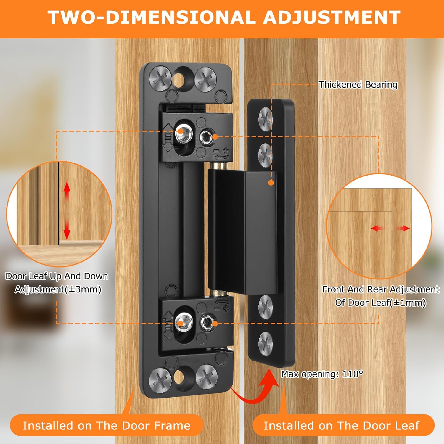 Hidden Door Hinges, 2Pack Adjustable Heavy Duty Concealed Hinges 110Lbs Load-Bearing Invisible Hinge Hidden Hinges for Secret Doors, Bookcase, Shelf & Murphy Door Hinge Kit