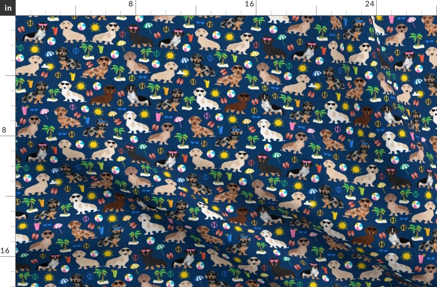 Spoonflower Fabric - Dachshund Summer Beach Day Navy Dog Dogs Printed on Organic Cotton Sateen Fabric by The Yard - Sewing Quilting Apparel Home Decor