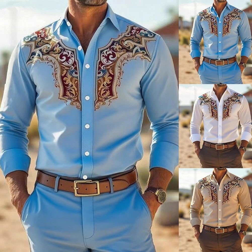Camicia da uomo con motivo floreale retrò e colletto con risvolto e maniche lunghe elasticizzate, camicia casual adatta per l'uso quotidiano e per le feste