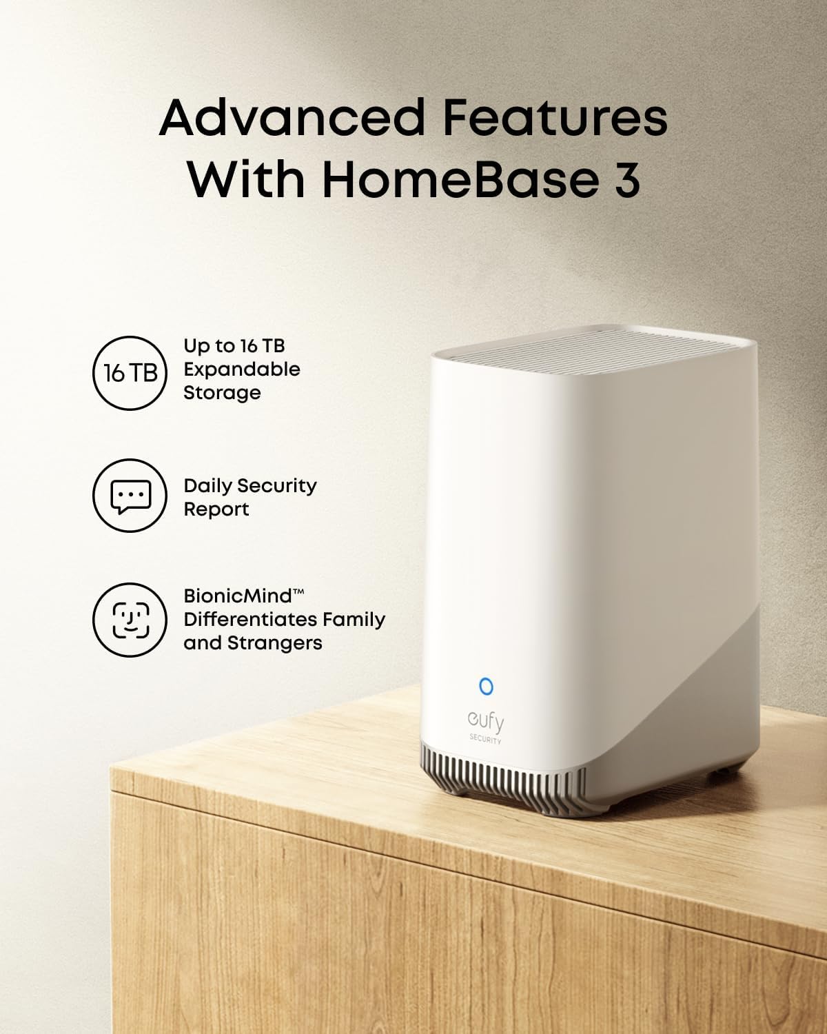 eufy HomeBase 3 showing features like 16TB expandable storage, daily security report, and BionicMind AI.