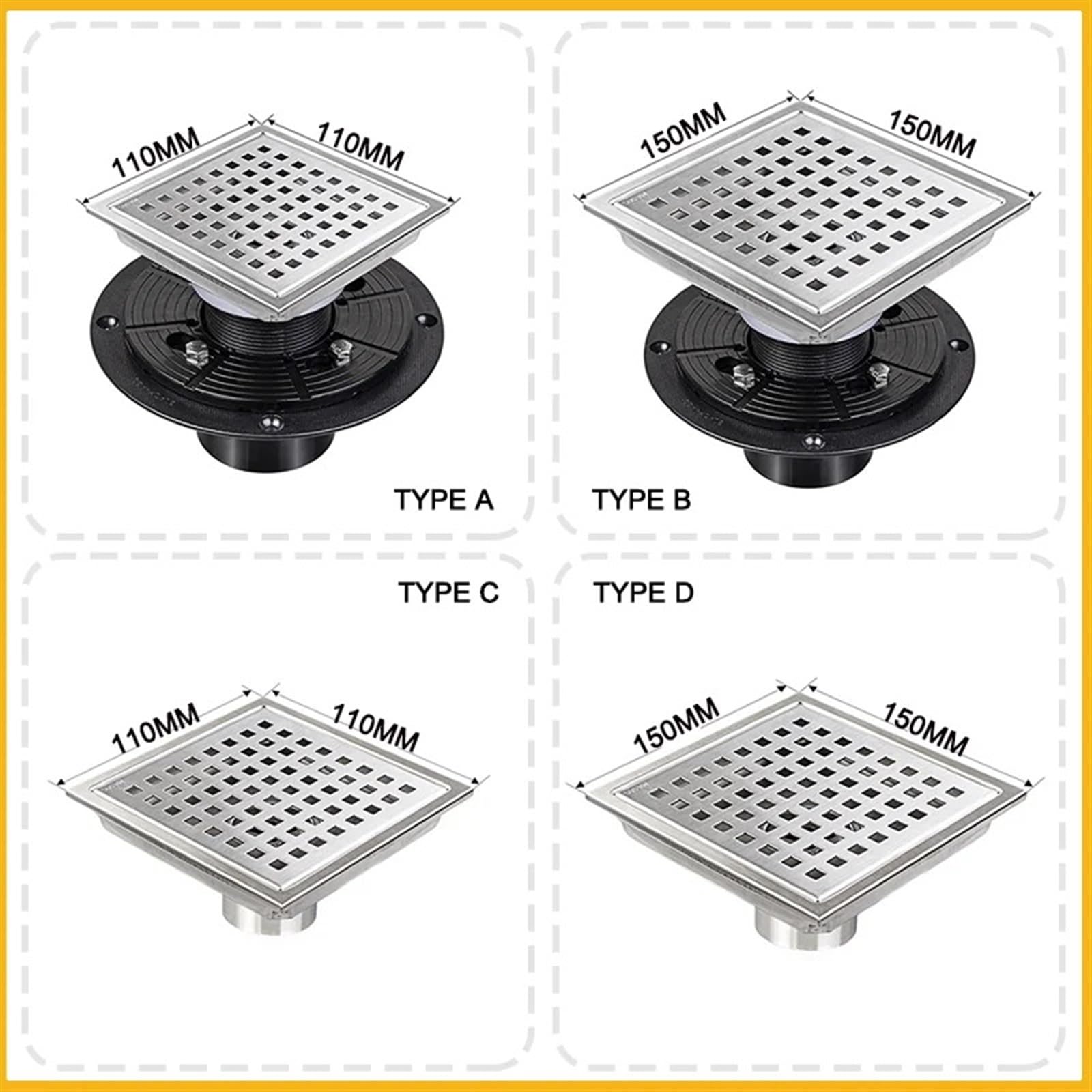 Rejilla desague ducha Desagüe de suelo de acero inoxidable, filtro antiobstrucción de alcantarillado cuadrado, cubierta de drenaje for fregadero, accesorios de Hardware for cocina y baño(11CMX11CM,Typ