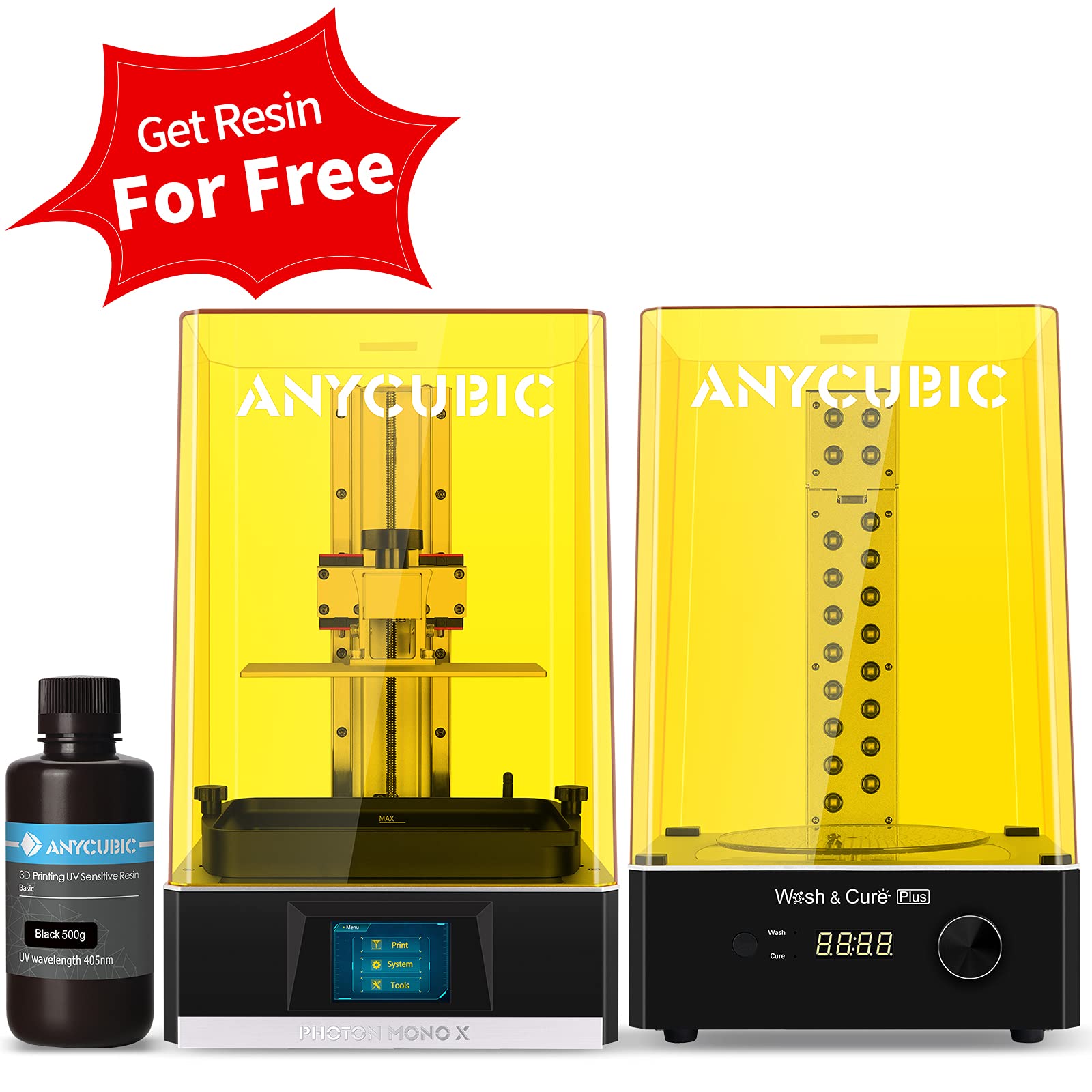 ANYCUBIC Photon Mono X Resin 3D Printer + ANYCUBIC Wash and Cure Plus + ANYCUBIC 3D Printer Resin Black 500g
