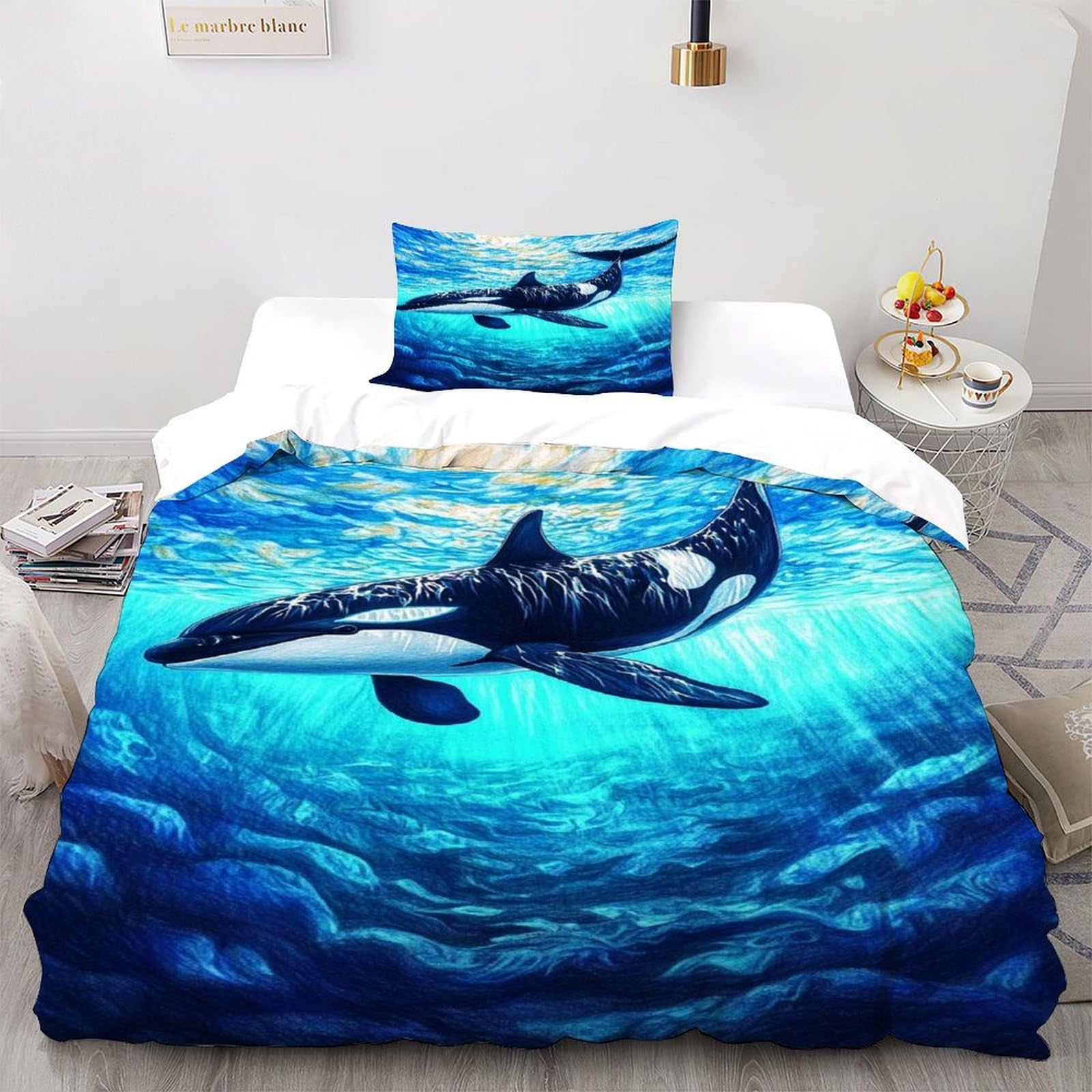 Orca Sea Water Bedding Set 3D Digital Printing Animal Theme Wildlife Marine Animal Duvet Cover Set Chic Breathable Quilt Cover Universal for All Seasons with Pillowcase Single（135x200cm）
