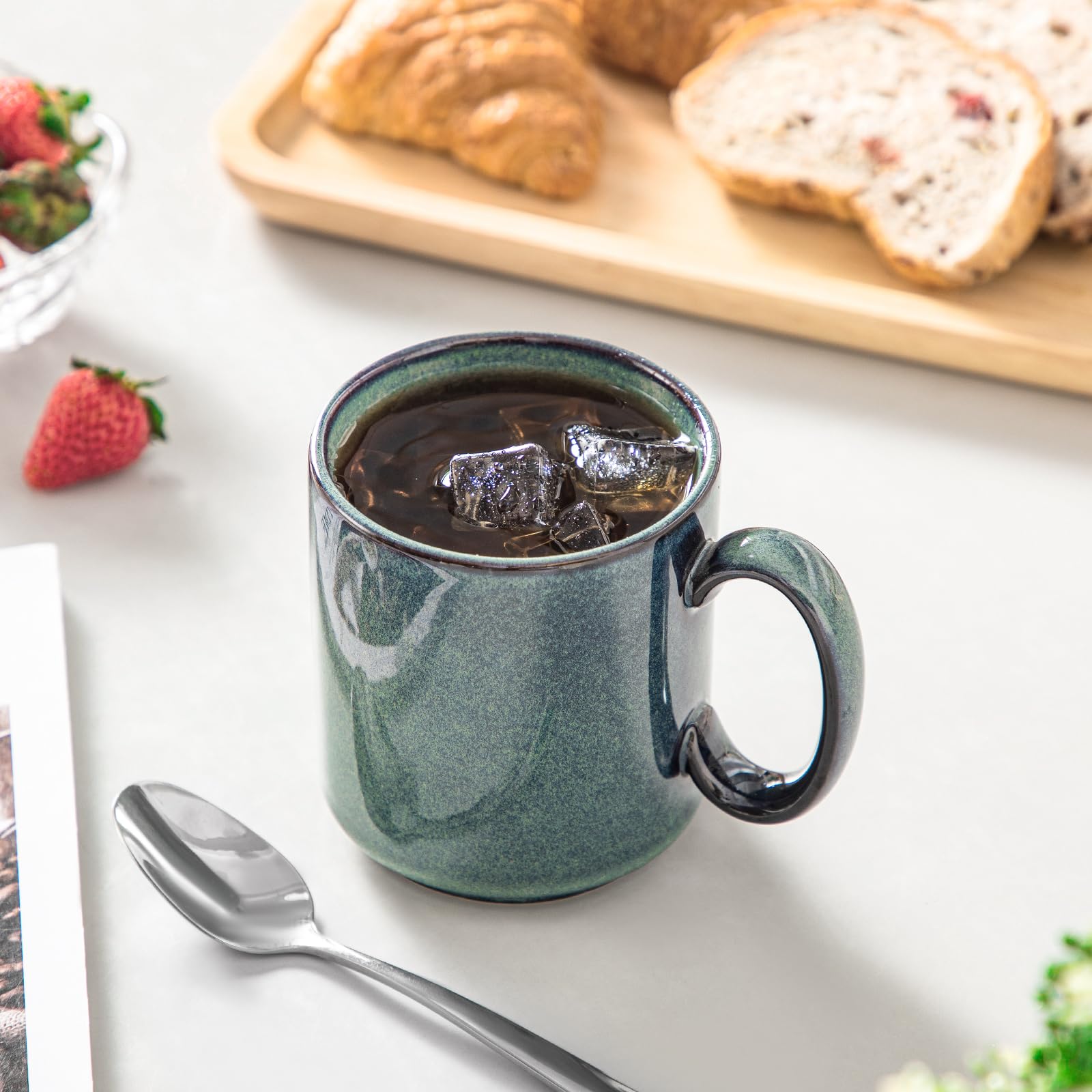 vancasso STARRY Steingut Tassen Set 6er, 480ml Kaffeebecher mit Standring für 6 Personen, Kaffeetassen Set mit Henkel, Teetasse Set Spülmaschinenfest Mikrowellenfes, Grün