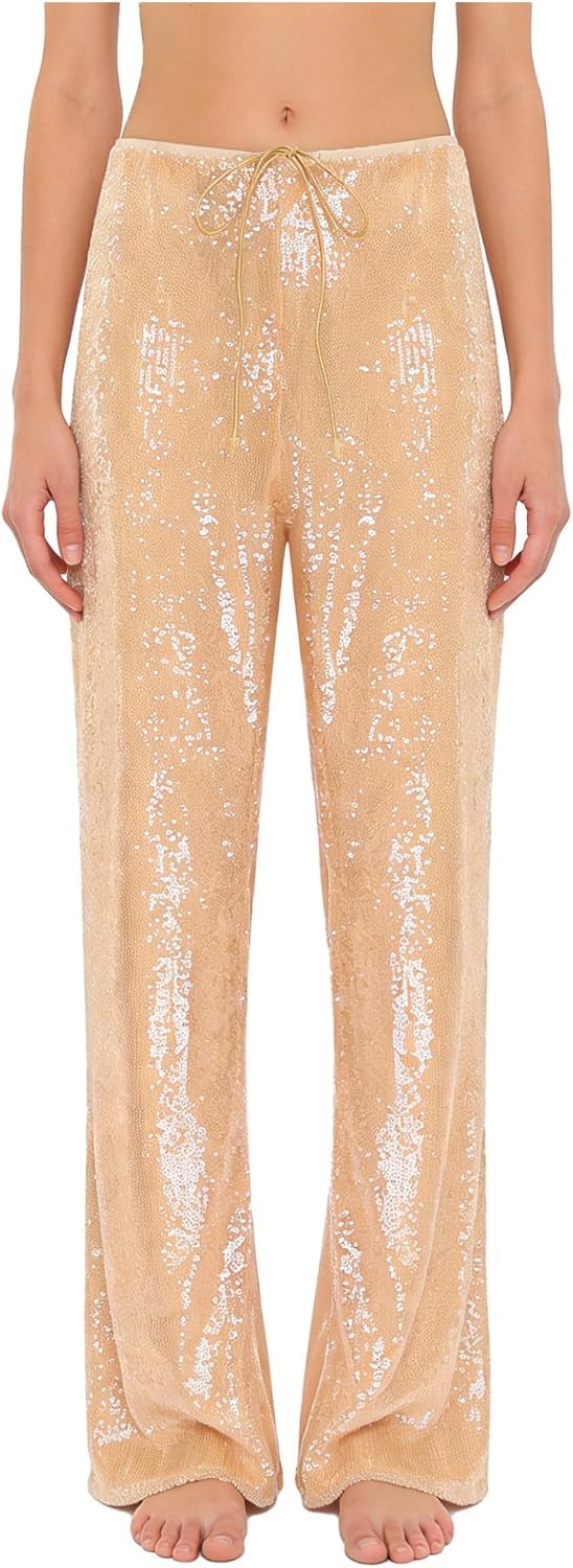 Yhong Women's Sequin Pants Glitter Dance Trousers Fully Lined Drawstring Straight Leg Pants for Disco Club