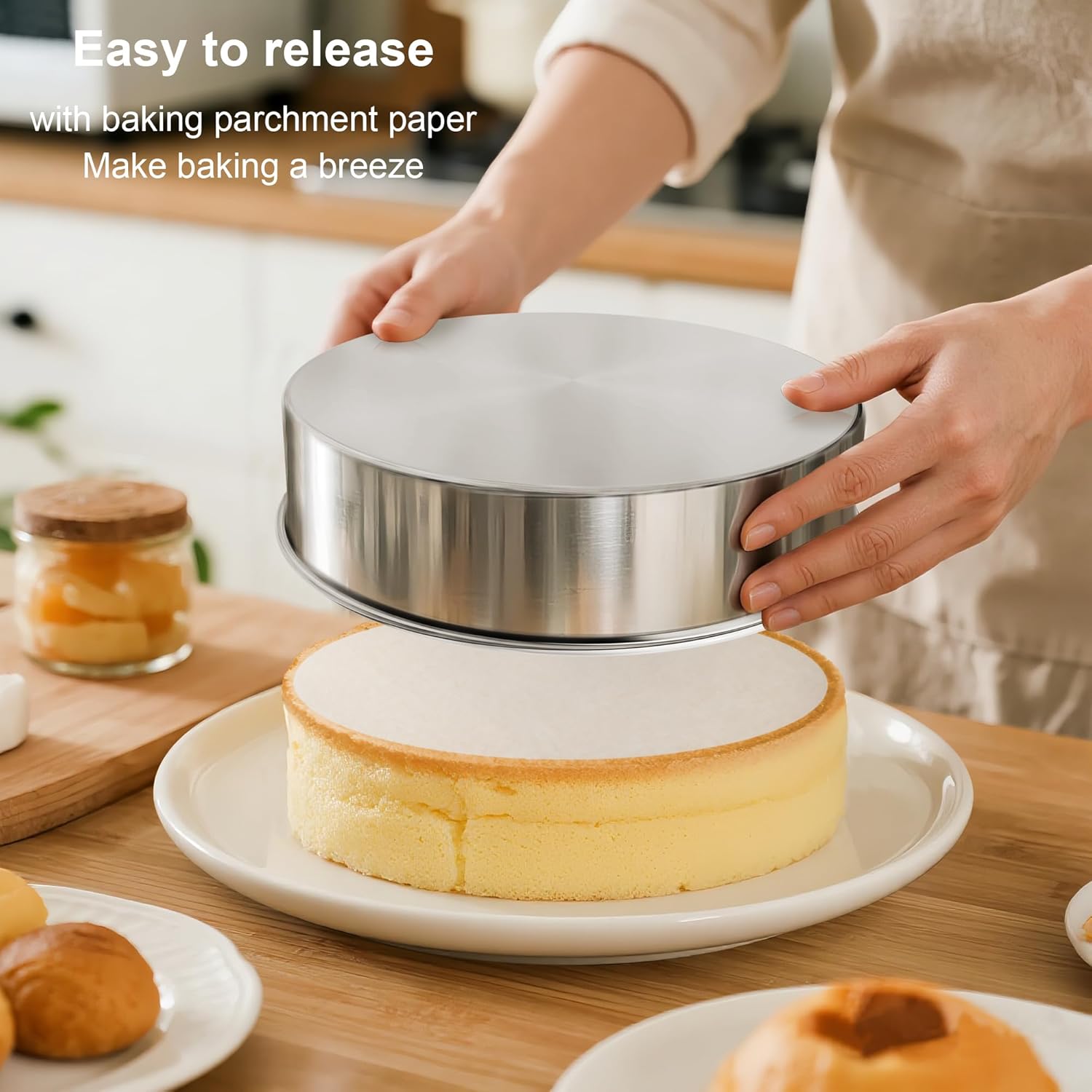 9½ Inch Cake Pan Set of 2, Nonstick Circle Stainless Steel Round Layer Cake Baking Pans Tins with 100PCS Parchment Paper for Birthday Christmas, Healthy & Non-Toxic, Silicone Spatula & Dishwasher Safe - Image 6