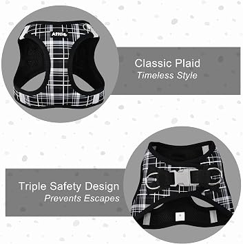AIITLE No Pull Step in Dog Vest Harness and Leash Set, Black S | Easy Fit Reflective Vest Harness for Small Medium Dogs, Adjustable Choke Free Plaid Harness for Walking, Jogging, Training