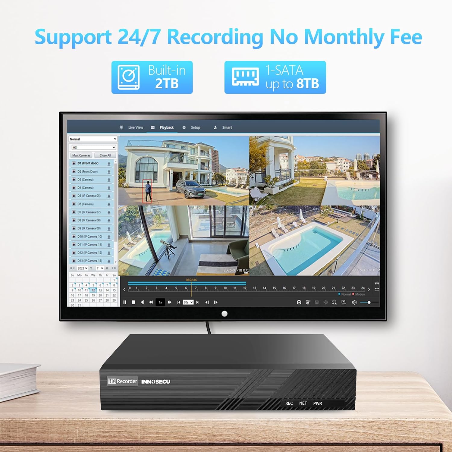 8 Channel 4K PoE Network Video Recorder for Security Camera System, H.265 NVR Work with 8MP/5MP/4MP/3MP/1080P IP Cameras, Pre-Installed 2TB HDD, A Camera is Included for Testing, IN-NVR8P2TC