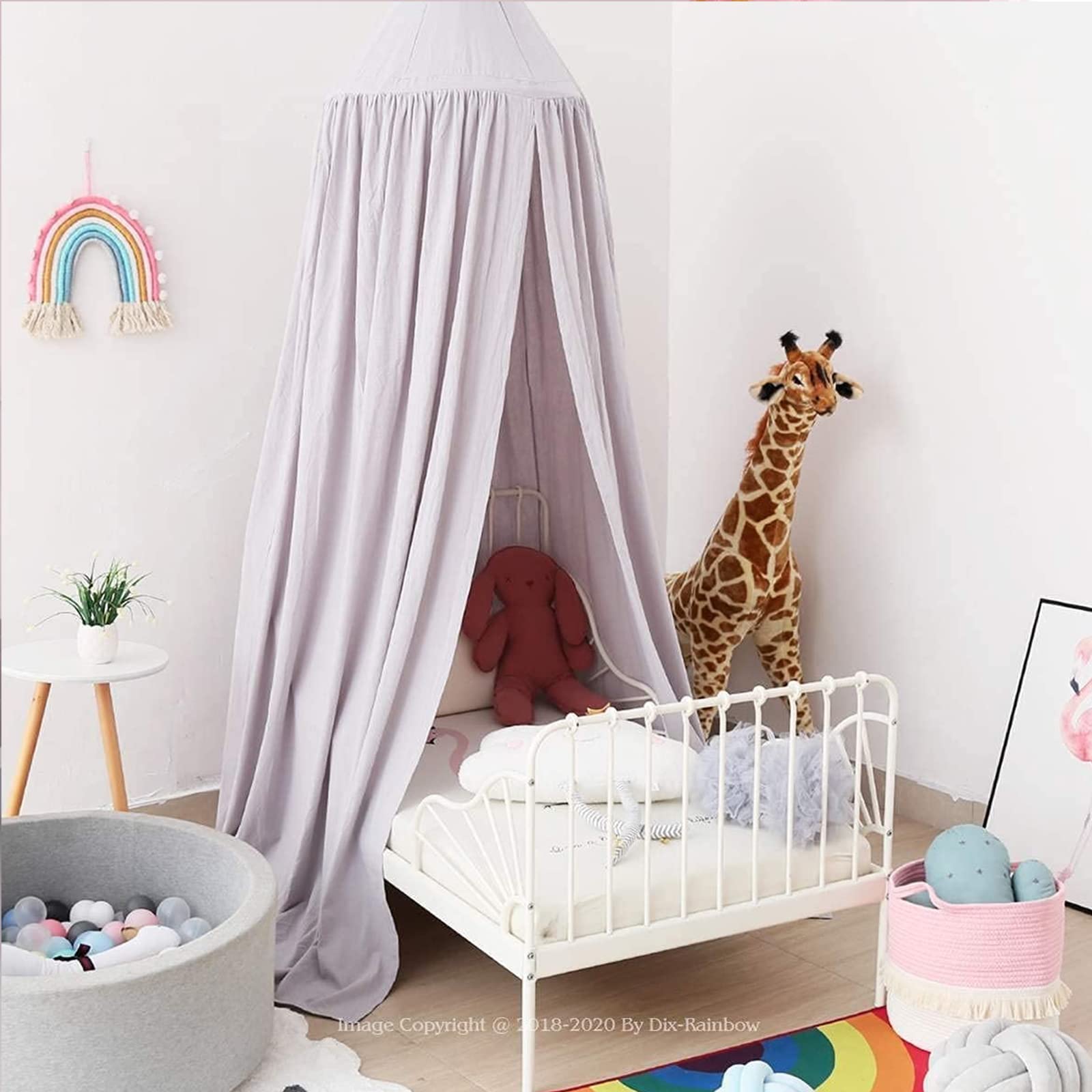 dix-rainbow Prince Bed Canopy for Kids Baby Bed, Round Dome Hanging Indoor Outdoor Castle Play Tent House Decoration Cotton Canvas Grey