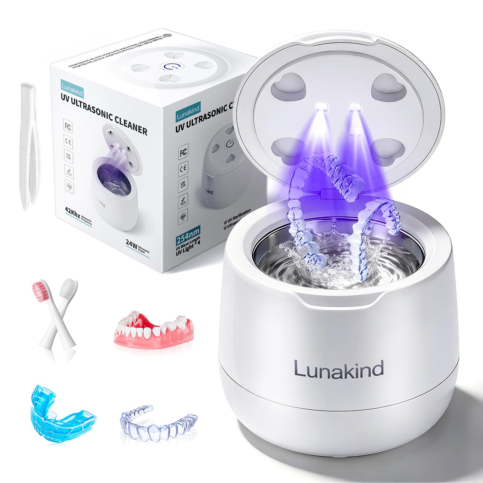 Ultrasonic Retainer Cleaner, 42kHz Dental Cleaning Pod for Dentures, Braces, Mouth Guards, Night Guard, Toothbrush Heads, Jewelry, Aligner (White)