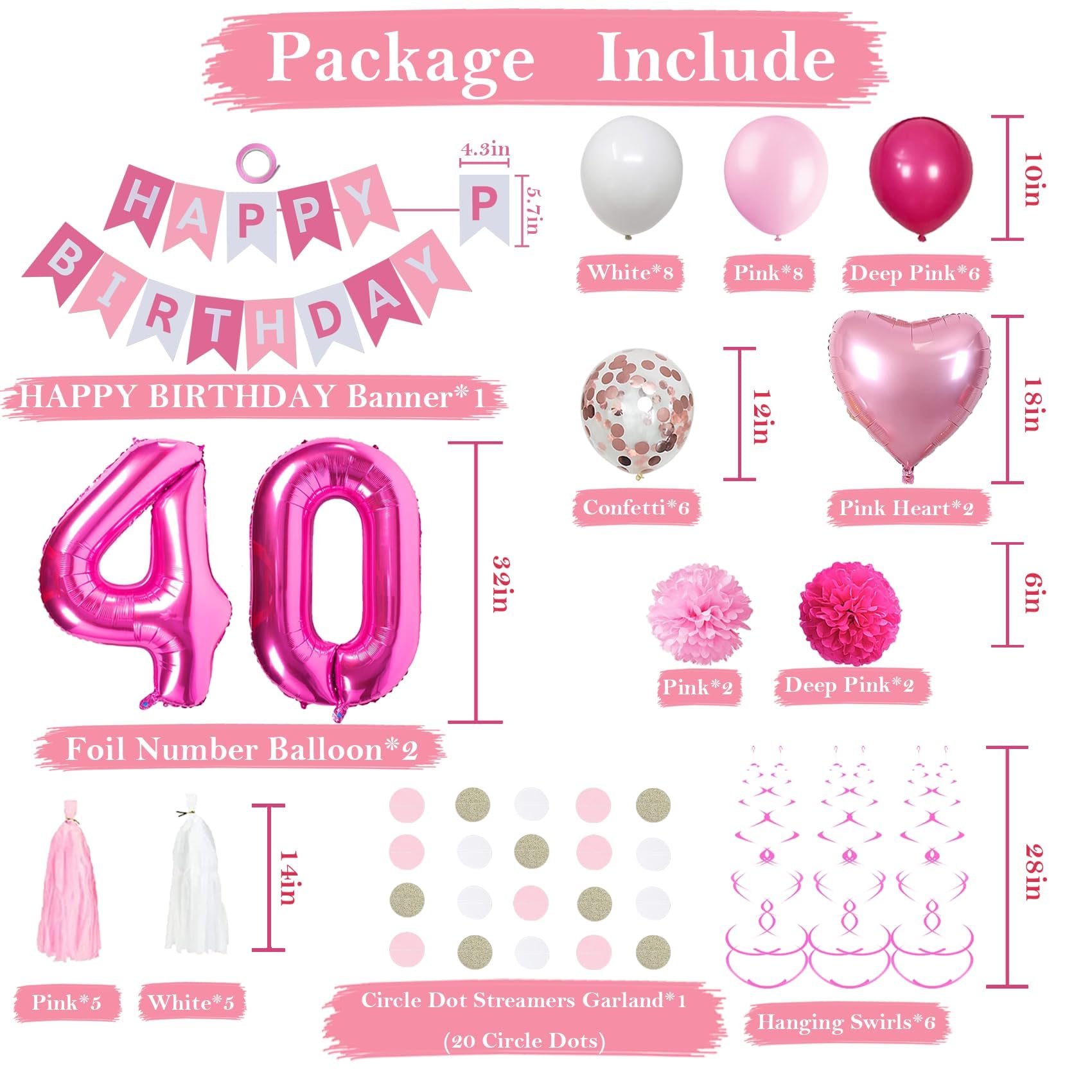 Sweet 40th Birthday Decorations for Women - Pink and White Balloons, Party Supplies Including Happy Birthday Banner, Hot Pink Number 40 Foil Balloons