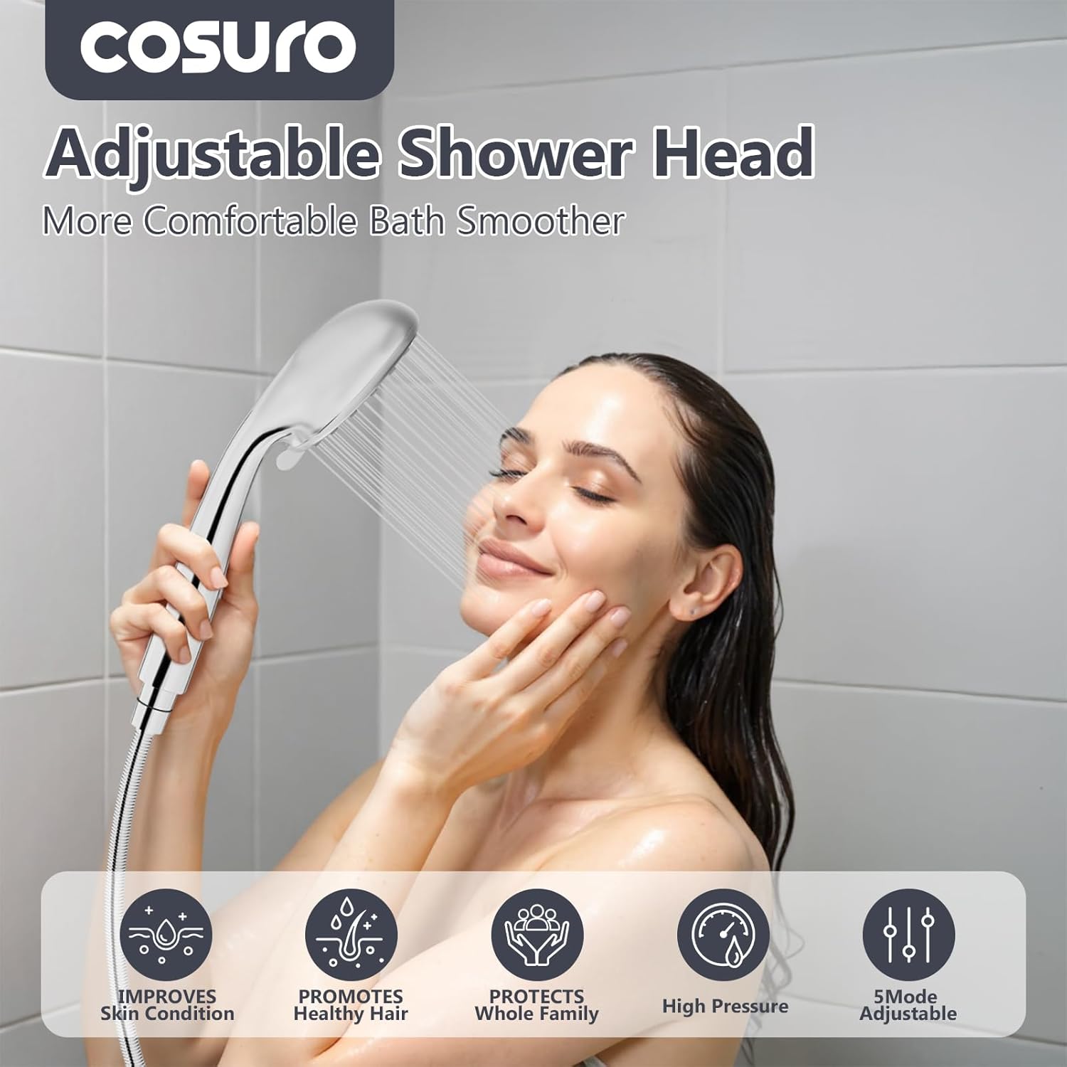 High Pressure Shower Head with Powerful Shower Spray & 59'' Stainless Steel Hose, 5 Spray Modes, Adjustable Bracket and Non-Clogging Nozzles（Black）