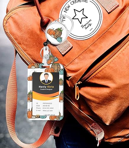 Miniatura 7 de Carrete retráctil para tarjetas de Acción de Gracias de otoño, con colgante y llavero, etiqueta de nombre de calabaza de leopardo, protector de