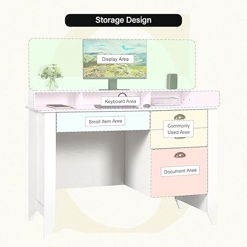 Miniatura 5 de Escritorio blanco con cajones y gabinete, pequeño escritorio blanco con estante de almacenamiento, escritorio de computadora con cajón de archivos,