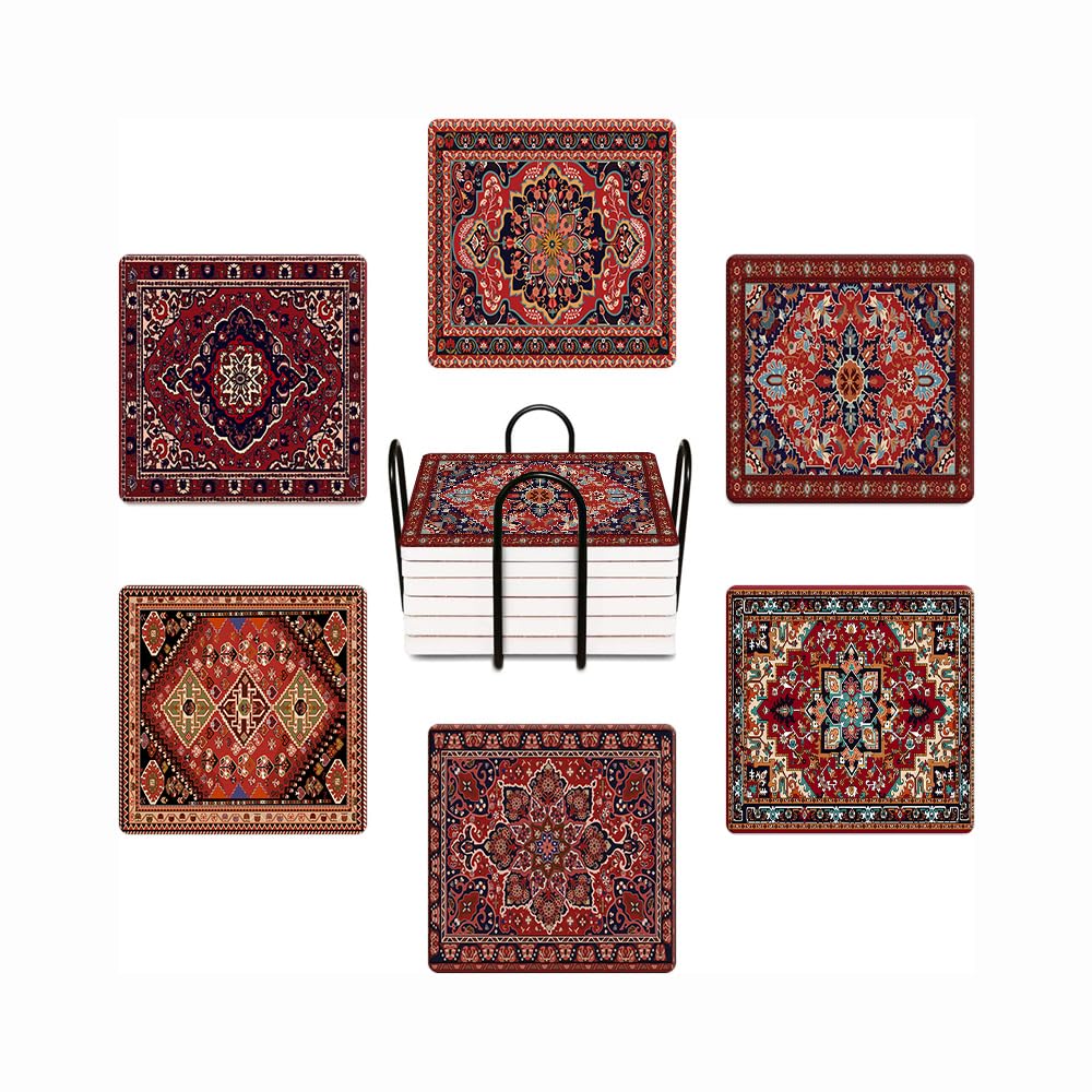 Wwoopll Red Tribal Red Drink Coasters Set Of 6, Tribal Geometric Pattern Bohemian Absorbent Square Ceramic Stone Mat Coaster, With Cork Base And Metal Holder, Anti-Slip Cork Bottom For Mugs And Glasses