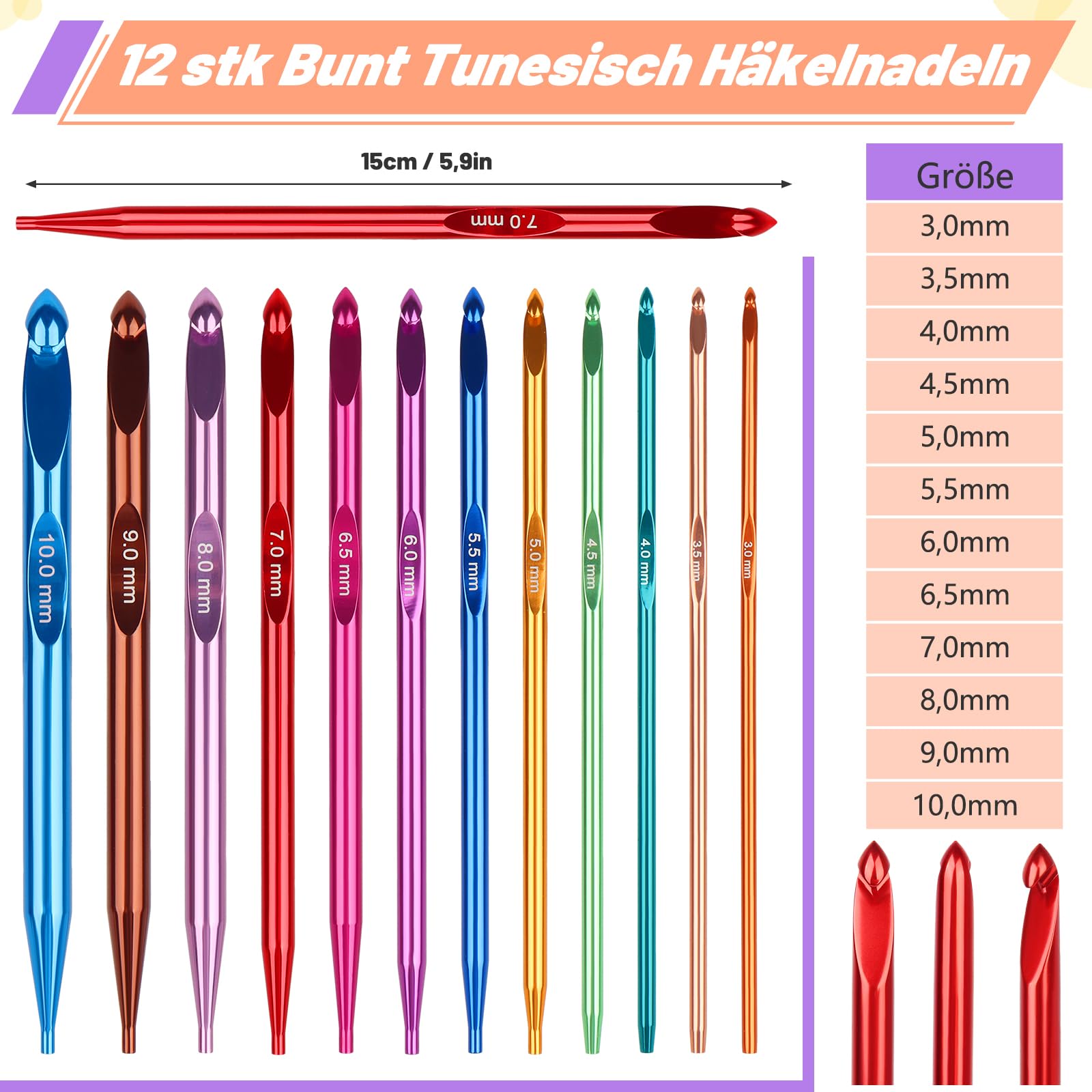Coopay Set di 12 Uncinetti Tunisini Intercambiabili, 3,0-10,0mm con Filo da 40/60/80/100 cm, Uncinetto per Principianti e Professionisti, Uncinetto Afgano per Tappeti, Maglioni, Sciarpe, Rosa