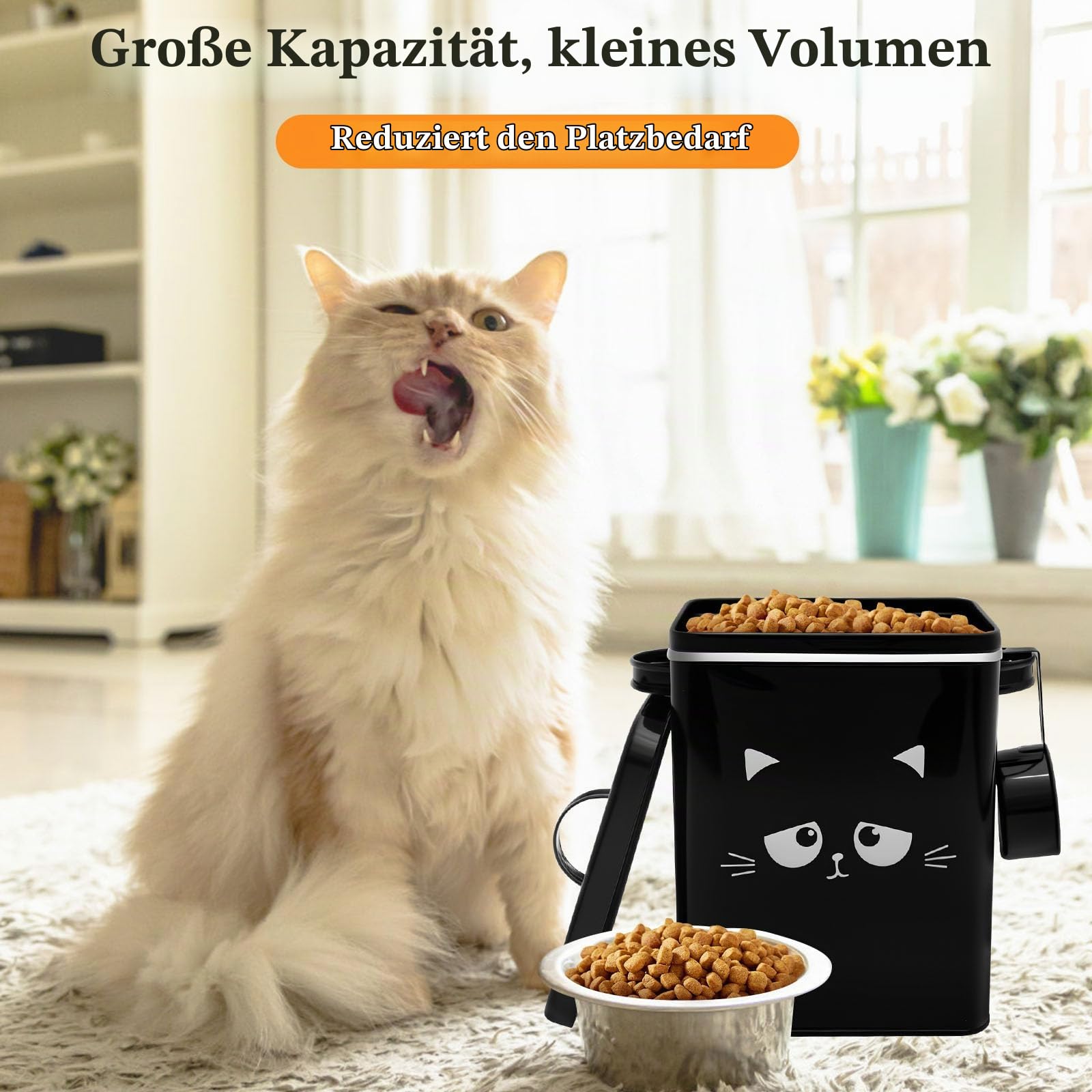 SUPPUIMNT Katzenfutter Aufbewahrung aus Metall mit 6 Liter, Fassungsvermögen inkl Schaufel und luftdichtem Deckel,für Trockenfutter (Farbe: Schwarz) Haustier