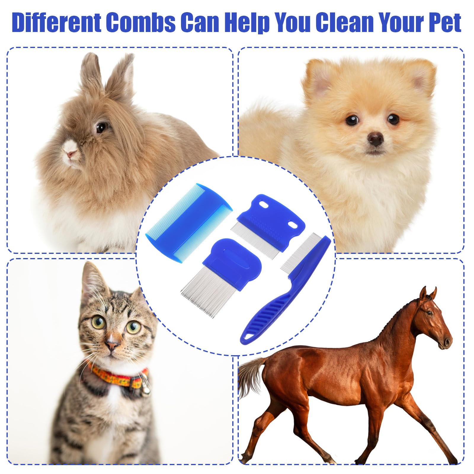 Molain Lot de 4 peignes anti-poux en métal pour chat et chien - Peigne anti-puces en plastique double face - Peigne anti-poux en acier inoxydable - Peigne à poux en métal - Bleu