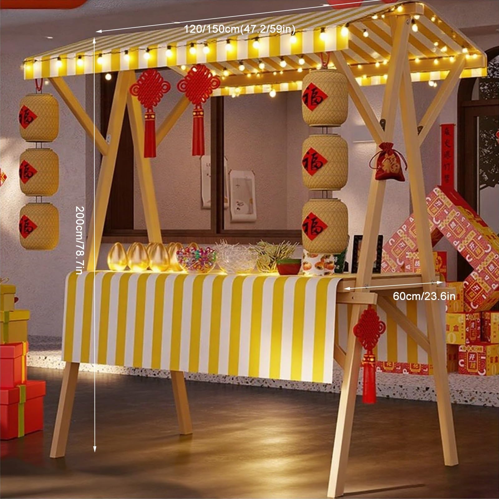 Chariot De Restauration En Bois, Prèsentoir Mobile Avec Auvent De Marché Pliable, Stand Commercial Hot-dogs/glaces/snacks(Orange,120cm/47.2in)