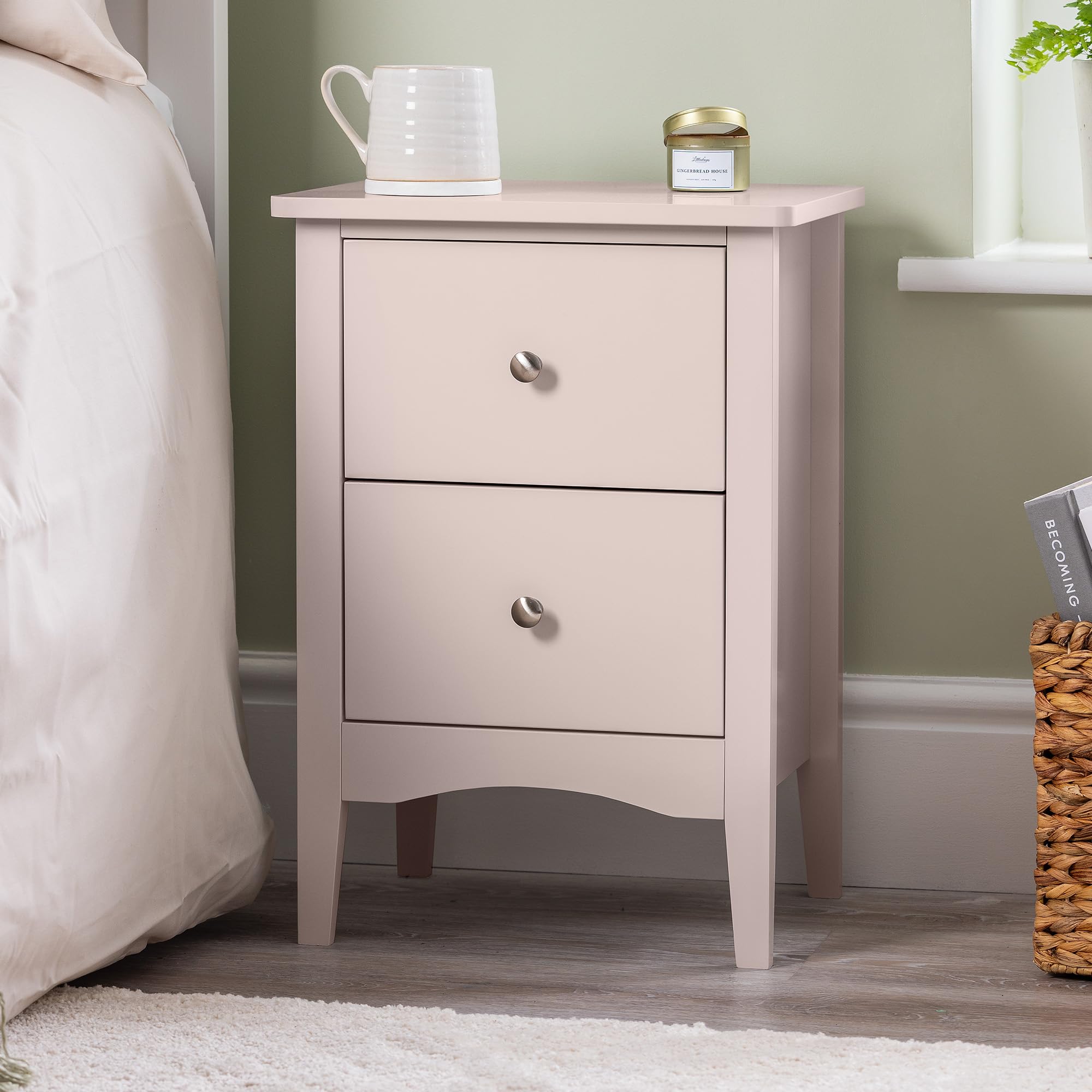 Christow Pink 2 Drawer Bedside Table, Modern Bedroom Nightstand, Wooden Mdf Side End Stand For Living Room Hallway Sofa, Brushed Chrome Handles, Smooth Glide Runners (H57cm X W40cm X D30cm)