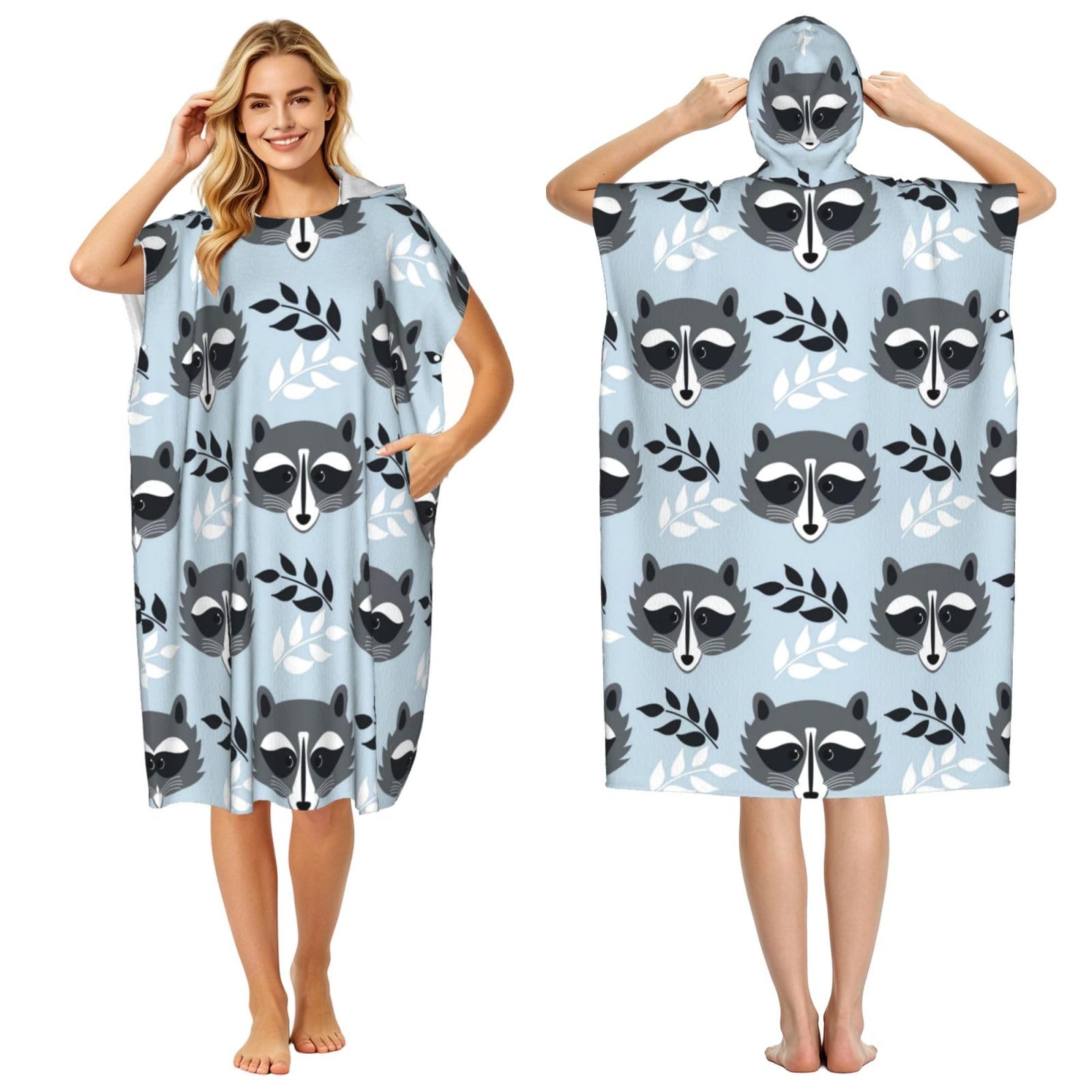 Poadnly Cute Raccoon Pattern, Adult Hooded Beach Towel 90 x 110 cm,Changing Bath Robe, Surf Poncho Towel For Women Men