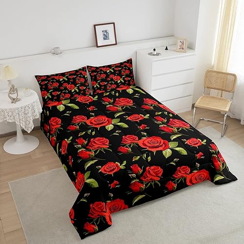 Miniatura 3 de Erosebridal Juego de ropa de cama para mujer, diseño de flores rojas, tamaño individual, edredón acolchado con flores románticas de San Valentín,