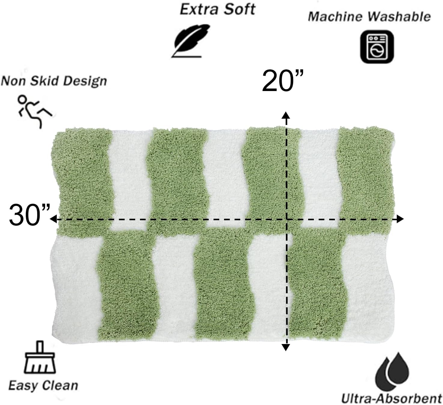 Sage Green Checkered Bath Mat, Wavy Blocks Fluffy Absorbent Microfiber Bath Mat Scalloped Non Slip, Modern Washable Classic Bathroom Rugs, 20" x 30"