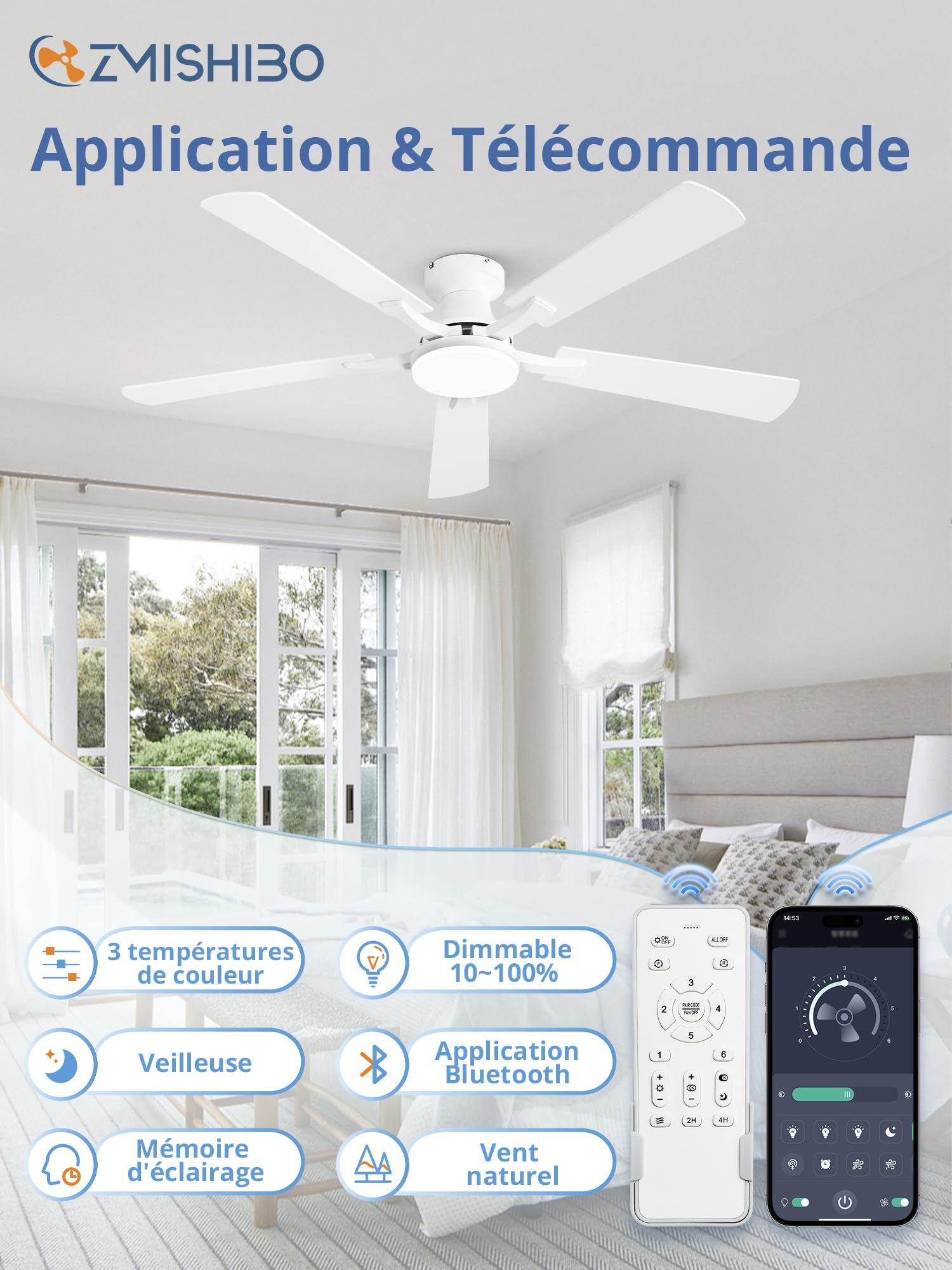 ZMISHIBO Ventilateur de Plafond avec Lumière 132 cm, Ventilateur Silencieux avec Télécommande et App, Plafonnier Ventilateur Design Plat, LED 20W Dimmable, Moteur DC Réversible, Blanc/Bois