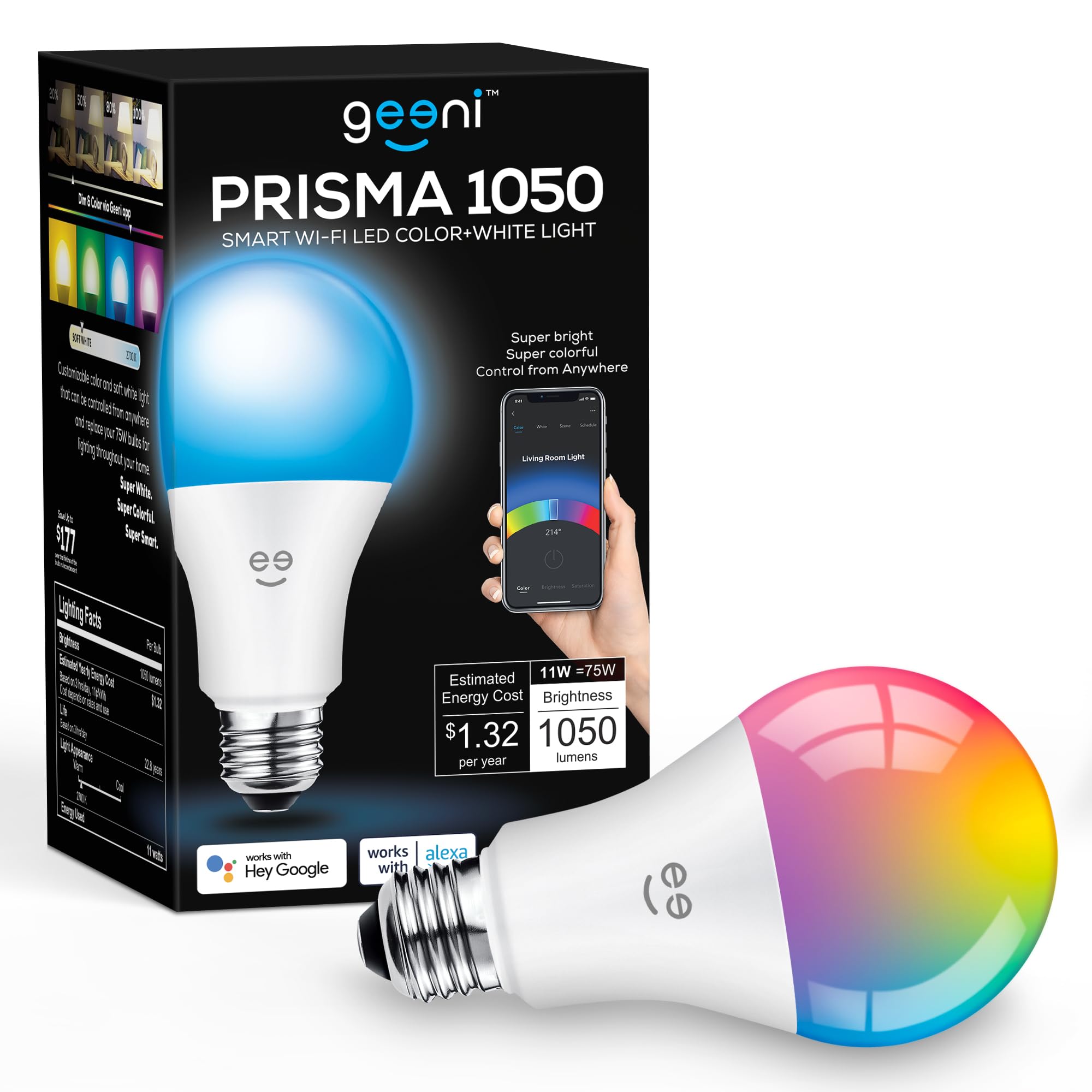 Geeni Prisma 1050 A21 Smart Wi-Fi LED Color + White Light Bulb, 75 W