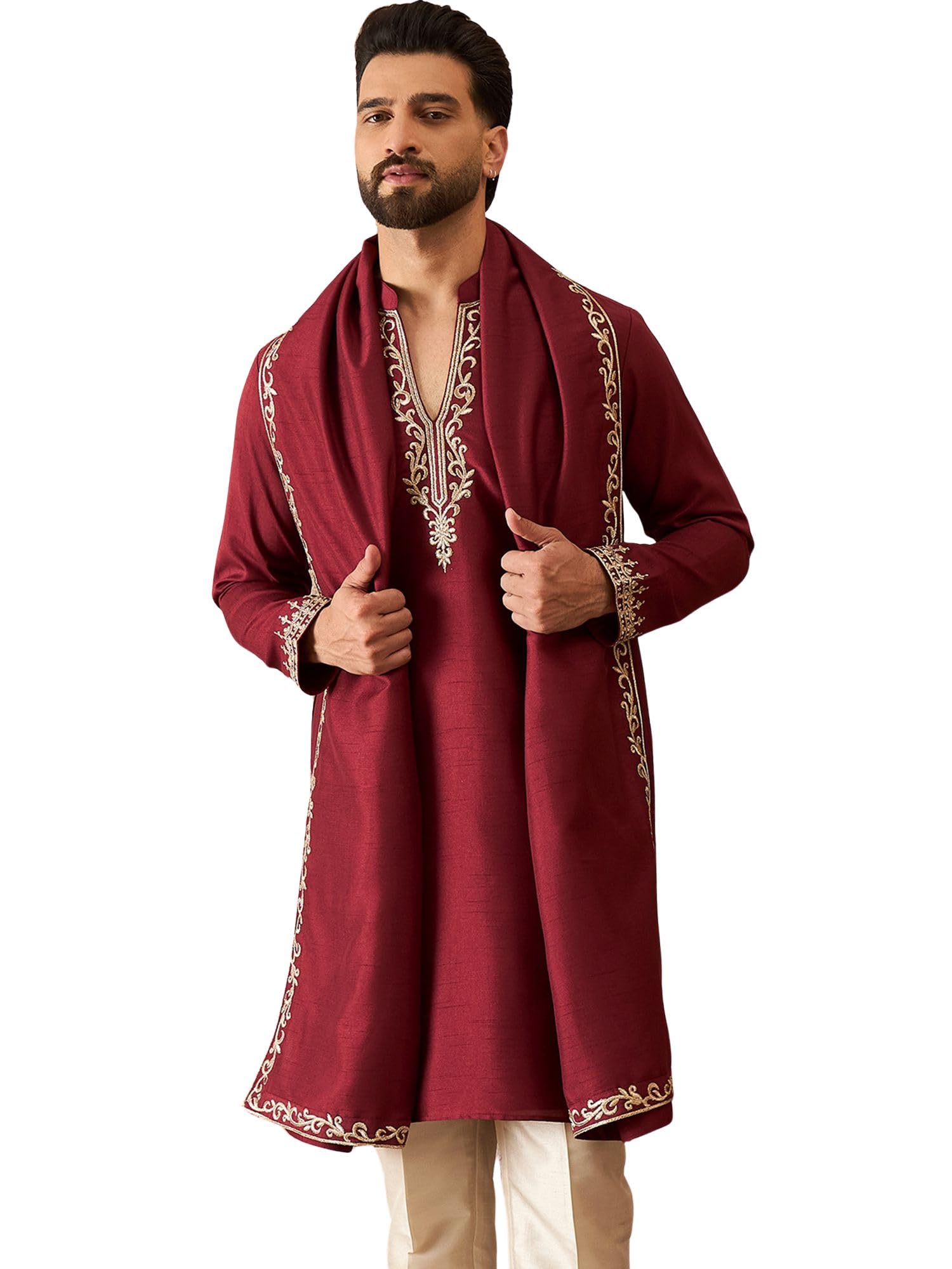 Men's Maroon Silk Blend Embroidered Solid Calf Length Kurta With Dupatta | Men'S | Solid Kurtas With Dupatta For Men | Straight Fit KurtaS With Dupatta For Mens-picture-32
