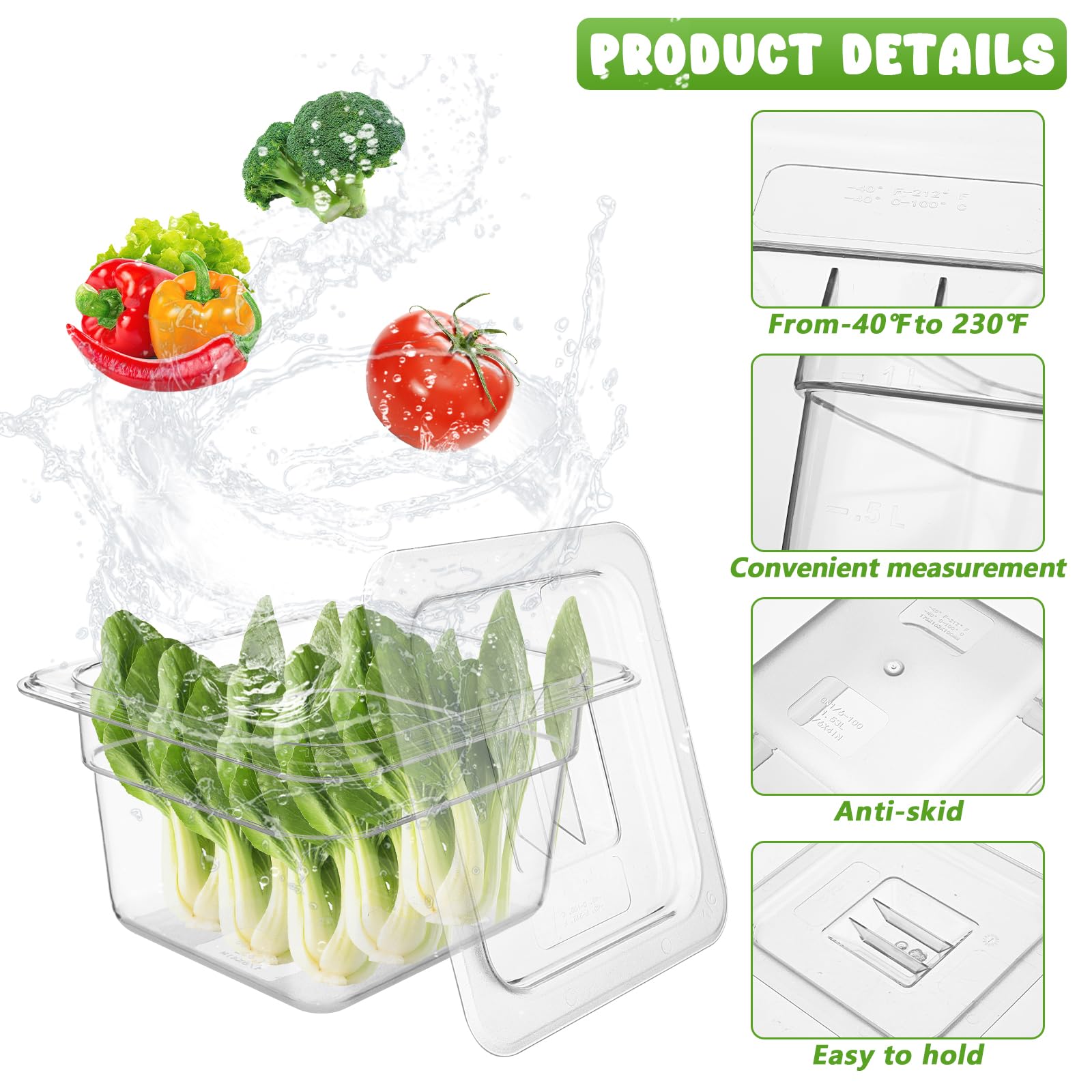 8 Set 1/6 Größe transparente Frischhaltedosen Bulk 10,2 cm tief Restaurant Kunststoff klare Lebensmittelpfannen mit Deckel Polycarbonat kommerzielle Hotelpfanne stapelbare Behälter für Obst, Gemüse