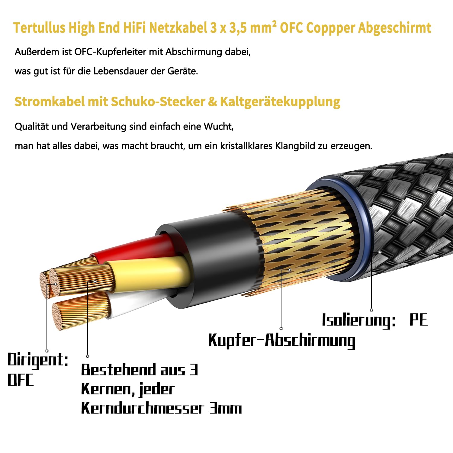 Tertullus HiFi High End Netzkabel C15 Stromkabel HiFi Audio kaltgerätekabel Mit Schukostecker & Kaltgerätestecker (E820, 2m)