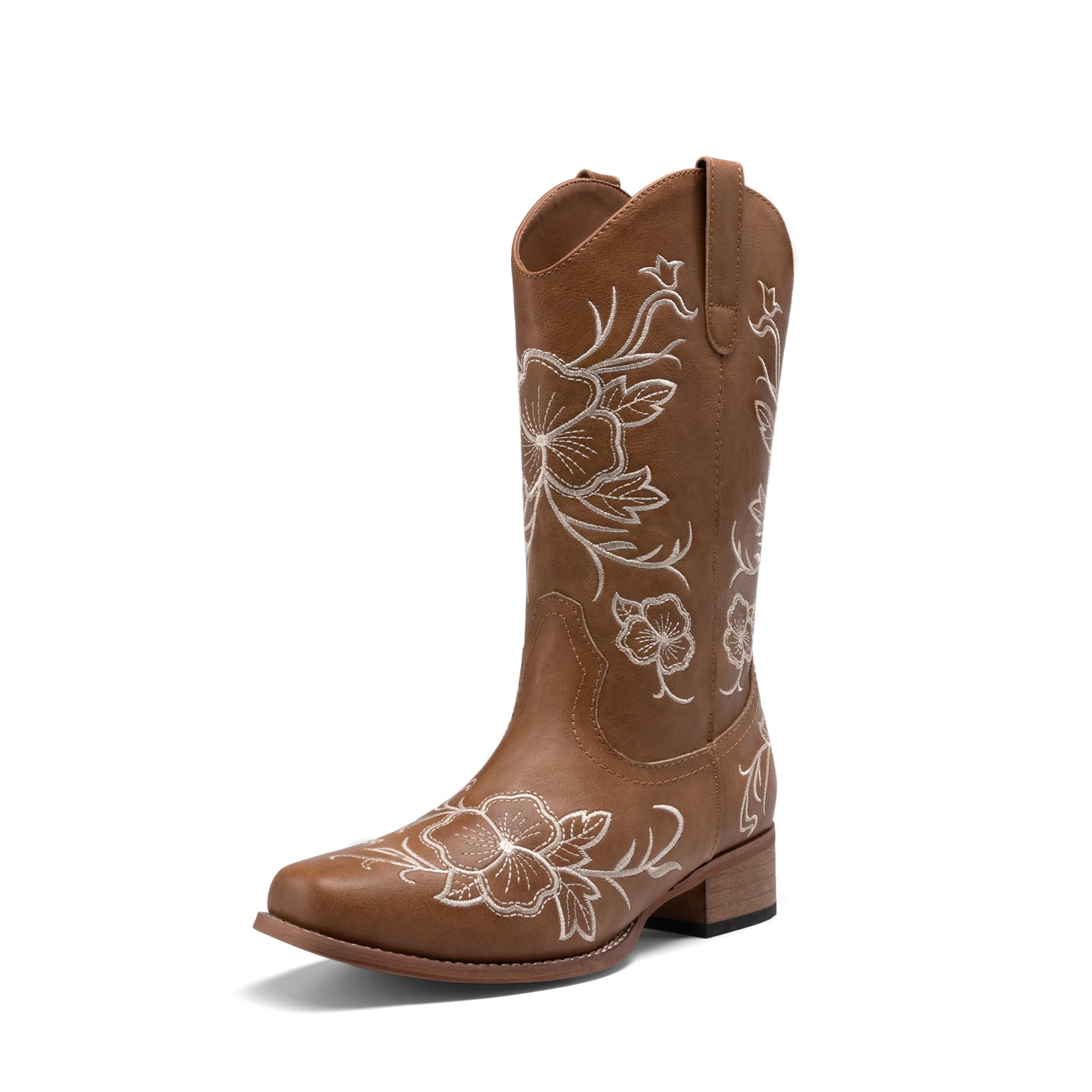 DREAM PAIRS Stivali da cowboy da donna con punta quadrata ricamata, tacco basso grosso, stile western, per festival di musica country, feste a tema e concerti