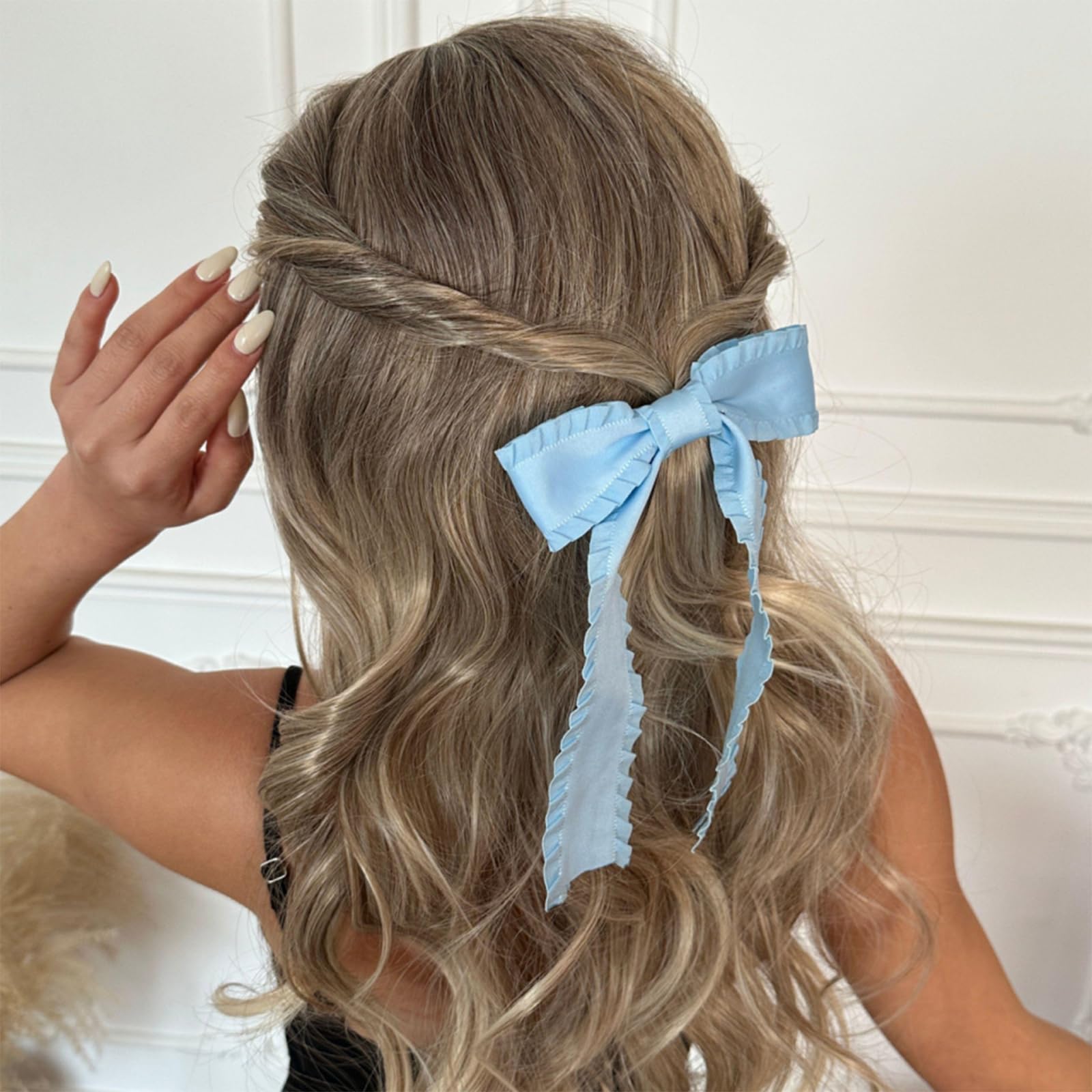 Blue Hair Bow - ShiningUU 2PCS Satin Ruffle Bow Clip with Long Tail, 1 count (Pack of 2) - Image 4
