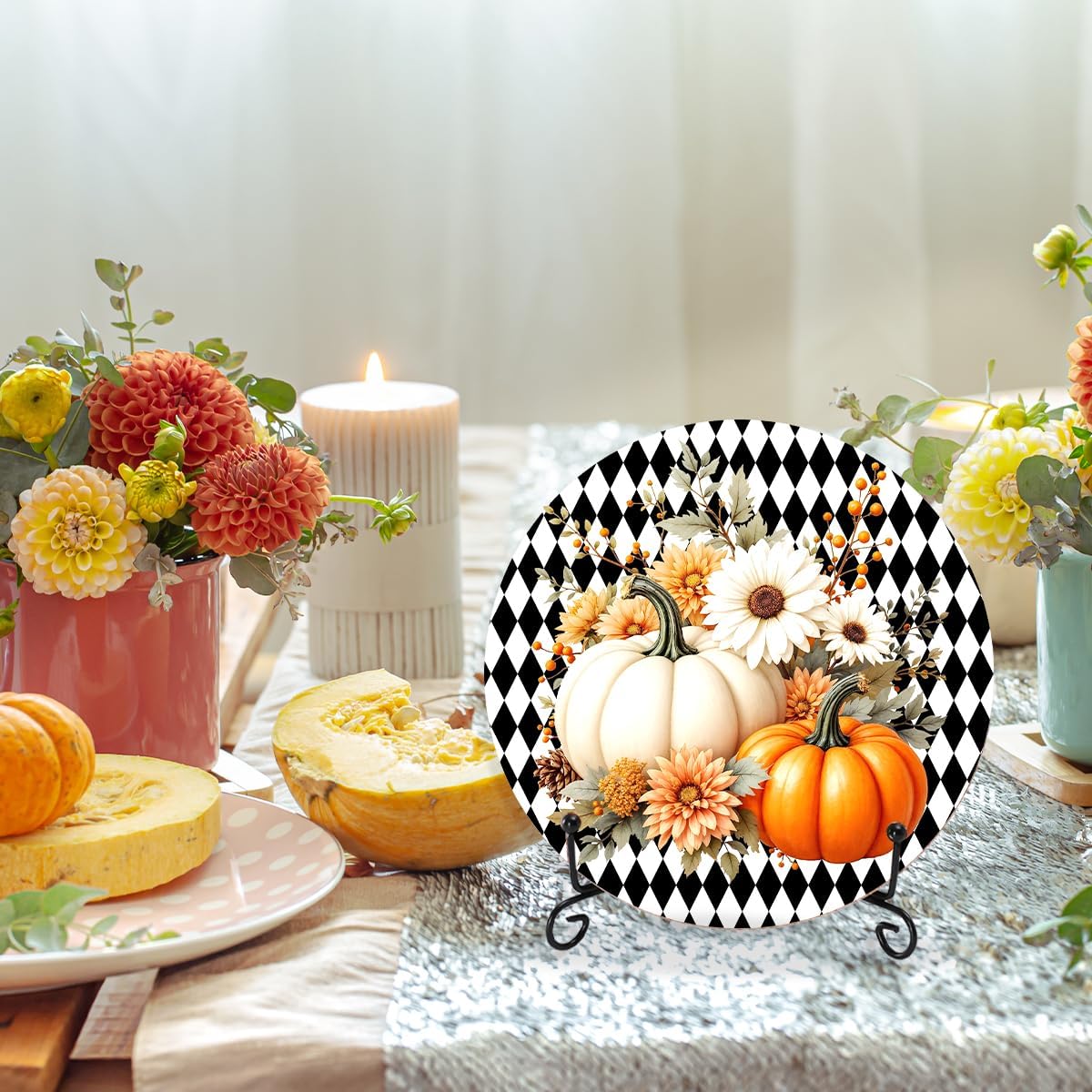 Fall Wooden Sign with Metal Stand, Autumn Pumpkin Rustic Farmhouse Table Thanksgiving Decor