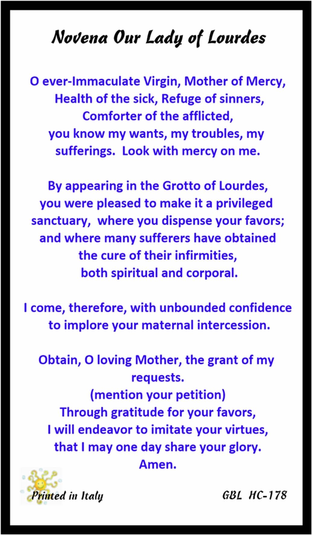 Gifts by Lulee, LLC Our Lady of Lourdes Blessed Novena Prayer Gold Embossed Italian Prayer Card