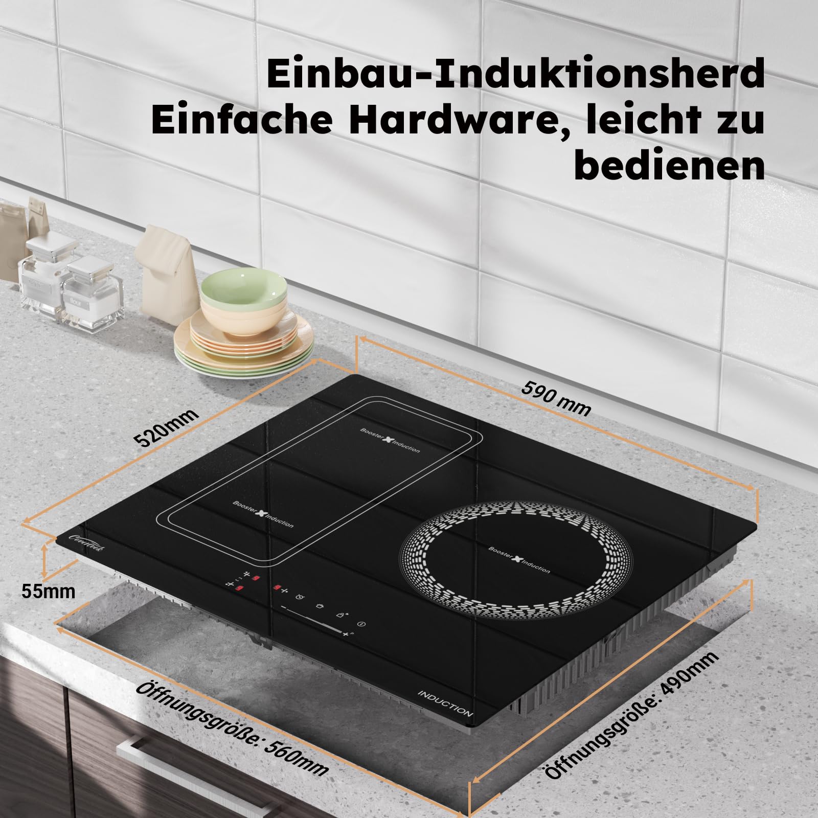 Placa de inducción 60 cm 3 luces función boost cocina eléctrica placa de control táctil potencia ajustable con seguridad cerradura y temporizador electrónico cocina moderna calefacción rápida