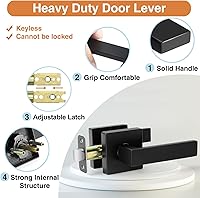 Vista 5 de Juego de 5 manijas de puerta de paso para interiores negras (sin cerradura), paquete de 5 pomos de puerta resistentes para pasillo o armario, manija