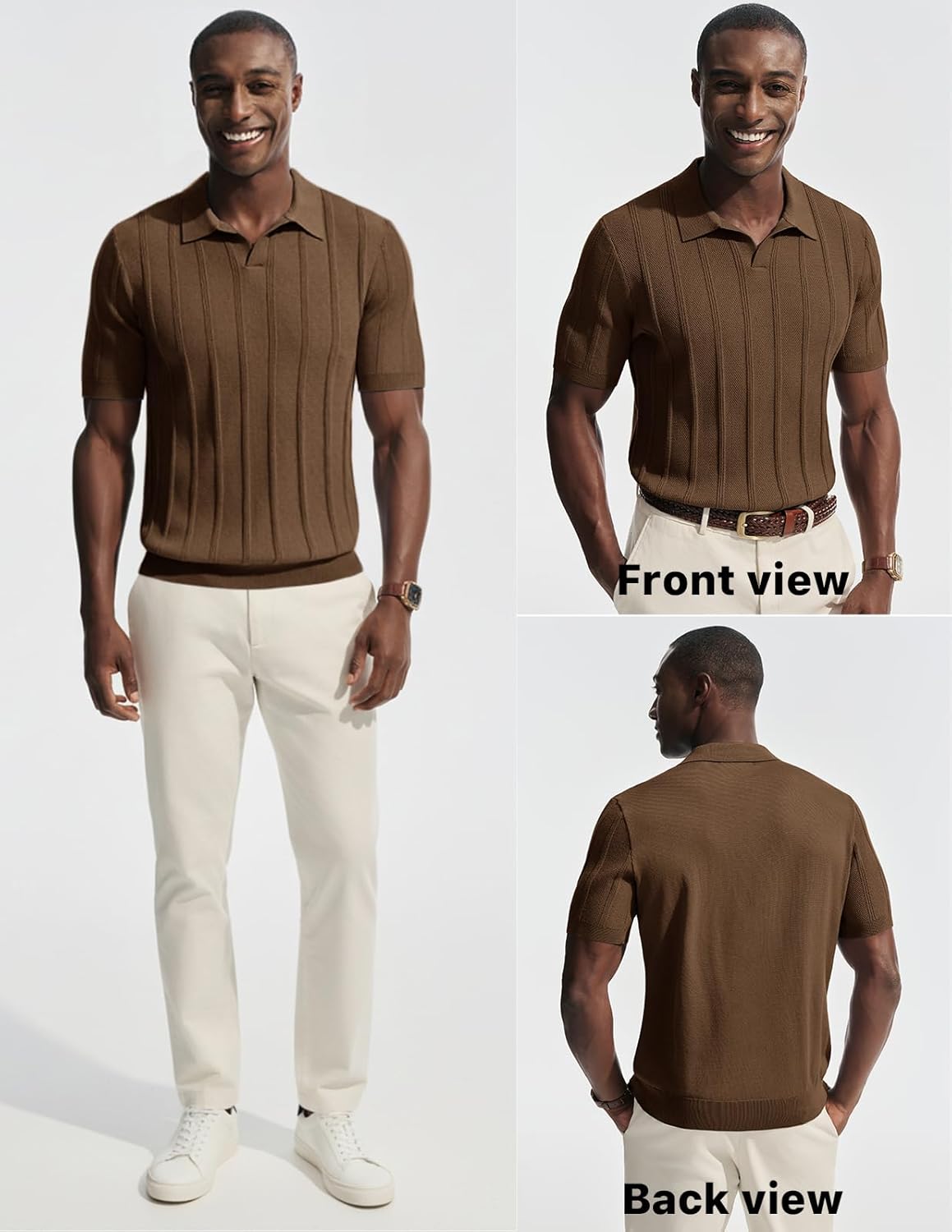 PJ PAUL JONES Mens Knit Polo Shirts V Neck Short Sleeve Casual Stylish Golf Shirt - Image 2