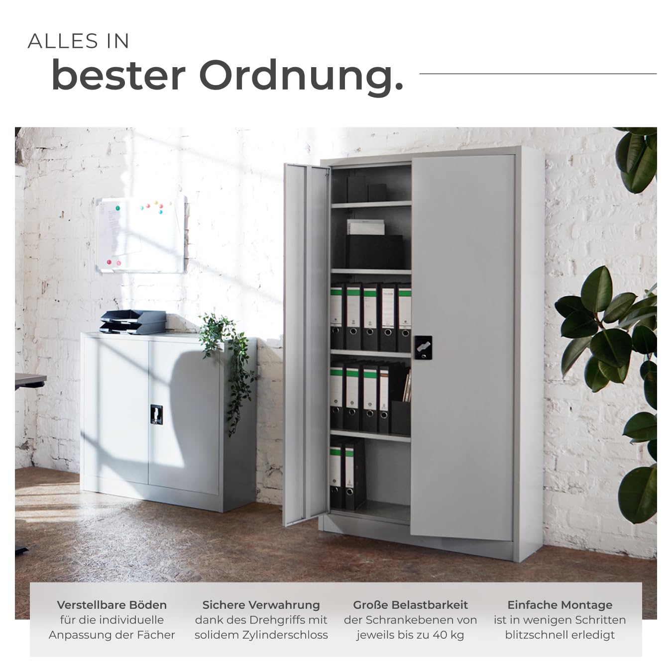 tectake® Aktenschrank, Büroschrank abschließbar, Mehrzweckschrank aus Stahl, Allzweckschrank mit 2 Türen, inkl. 3 höhenverstellbare Einlegeböden, Aktenschrank abschließbar 180x80x40 cm - grau