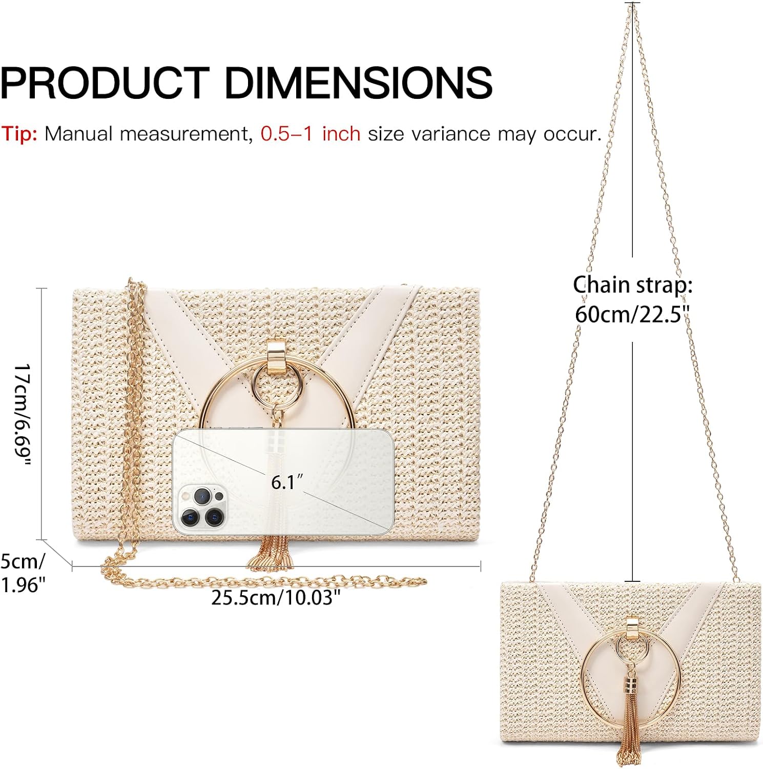 RNIEGA Tassels Straw Clutch Purses for Women Straw Handbags With Detachable Chain For Wedding, Party, Prom