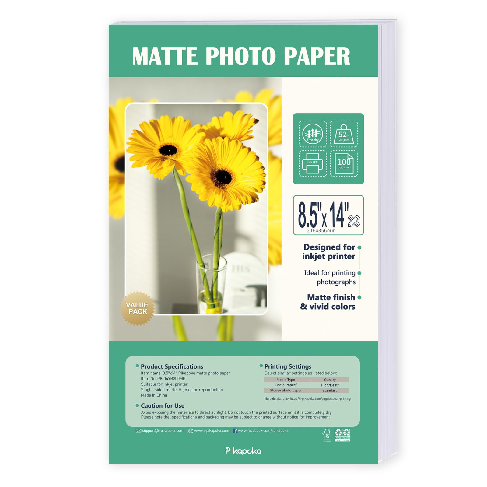 Carta opaca per stampante fotografica, 8,5 x 14, 23,6 kg, per stampa a getto d'inchiostro, carta per presentazioni patinata spessa con colori vivaci, finitura opaca ad asciugatura rapida per