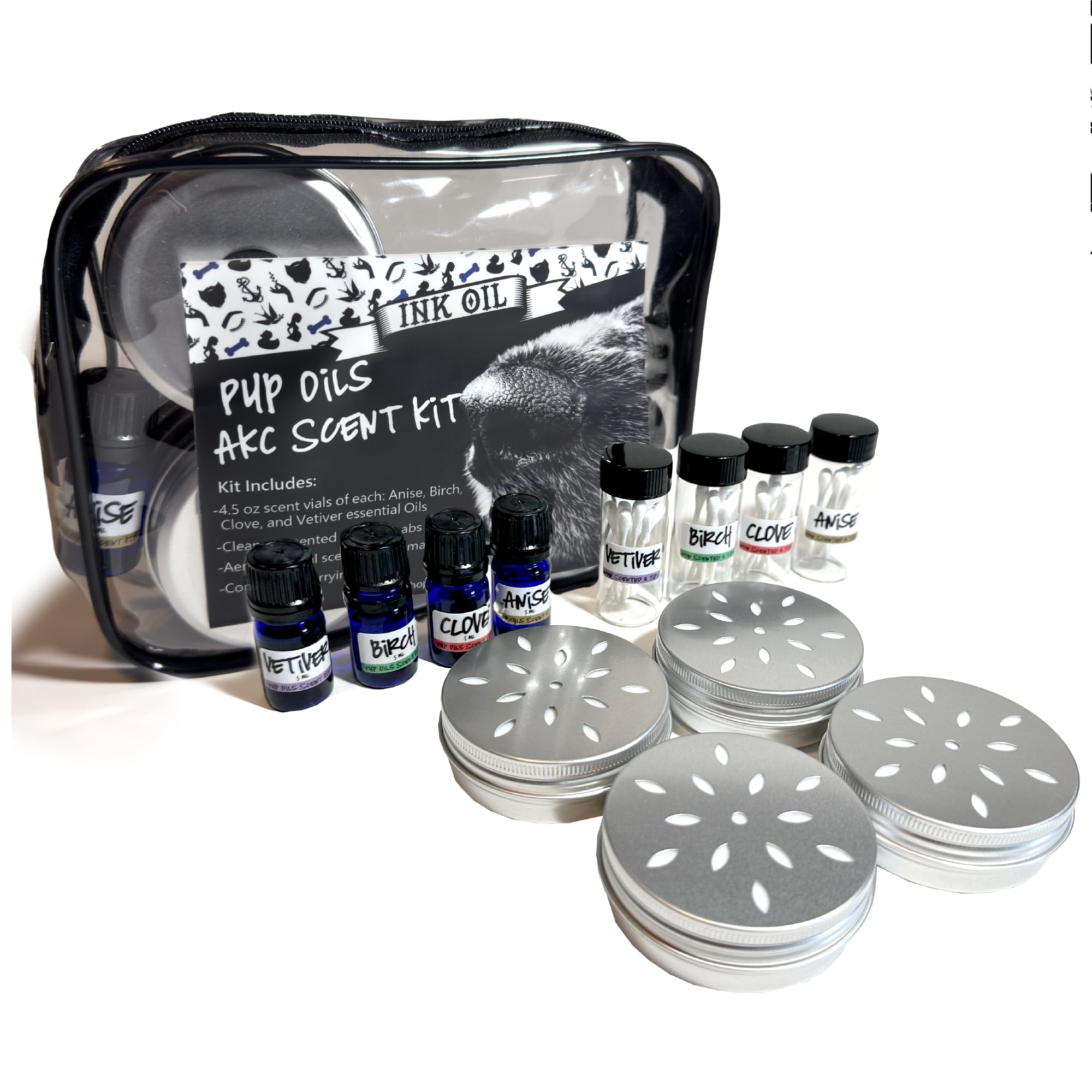Ink Oil Pup Scent Work Starter Kit I Dog Scent Training Kit I Complete  Nose Scentwork Anise, Birch, Clove Vetiver Flavour I Portable Small Aid